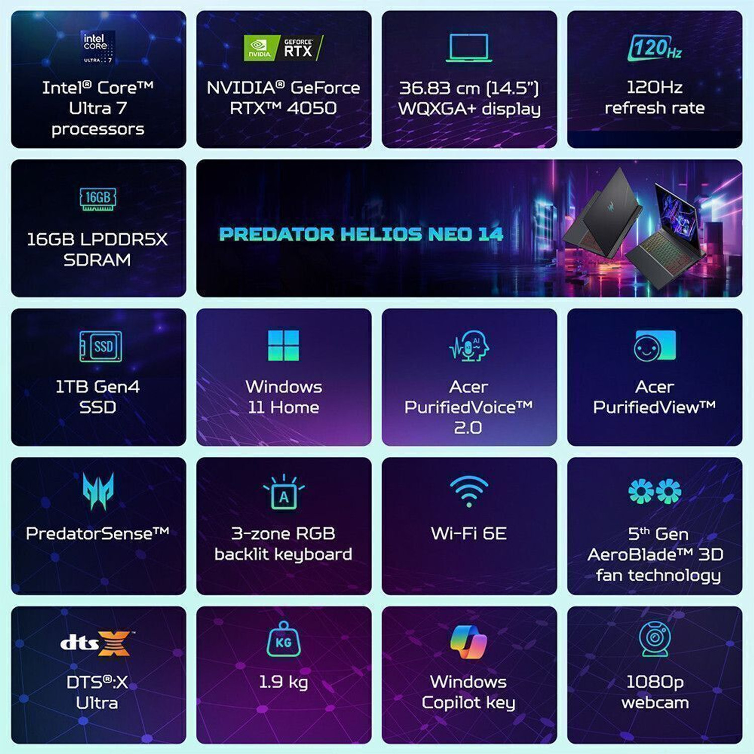 Image of Acer Predator Helios Neo 14 AI PC Intel Core Ultra 7 155H - (16 GB /1 TB SSD /Windows 11 Home /6 GB Graphics /NVIDIA GeForce RTX 4050) PHN14-51 Gaming Laptop