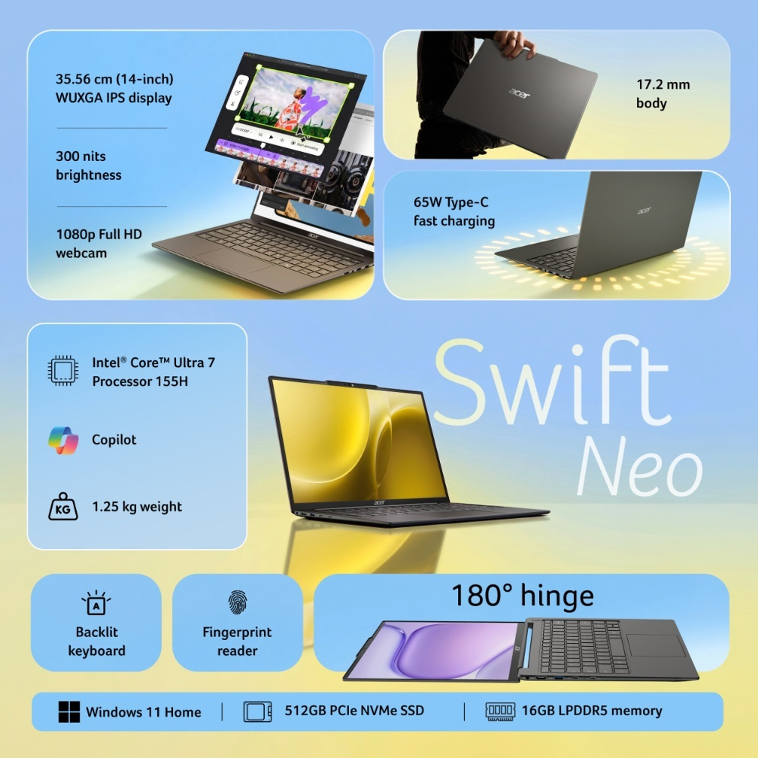 Image of Acer Swift Neo Intel Core Ultra 7 155H - (16 GB /512 GB SSD /Windows 11 Home) SFN14-55 Notebook