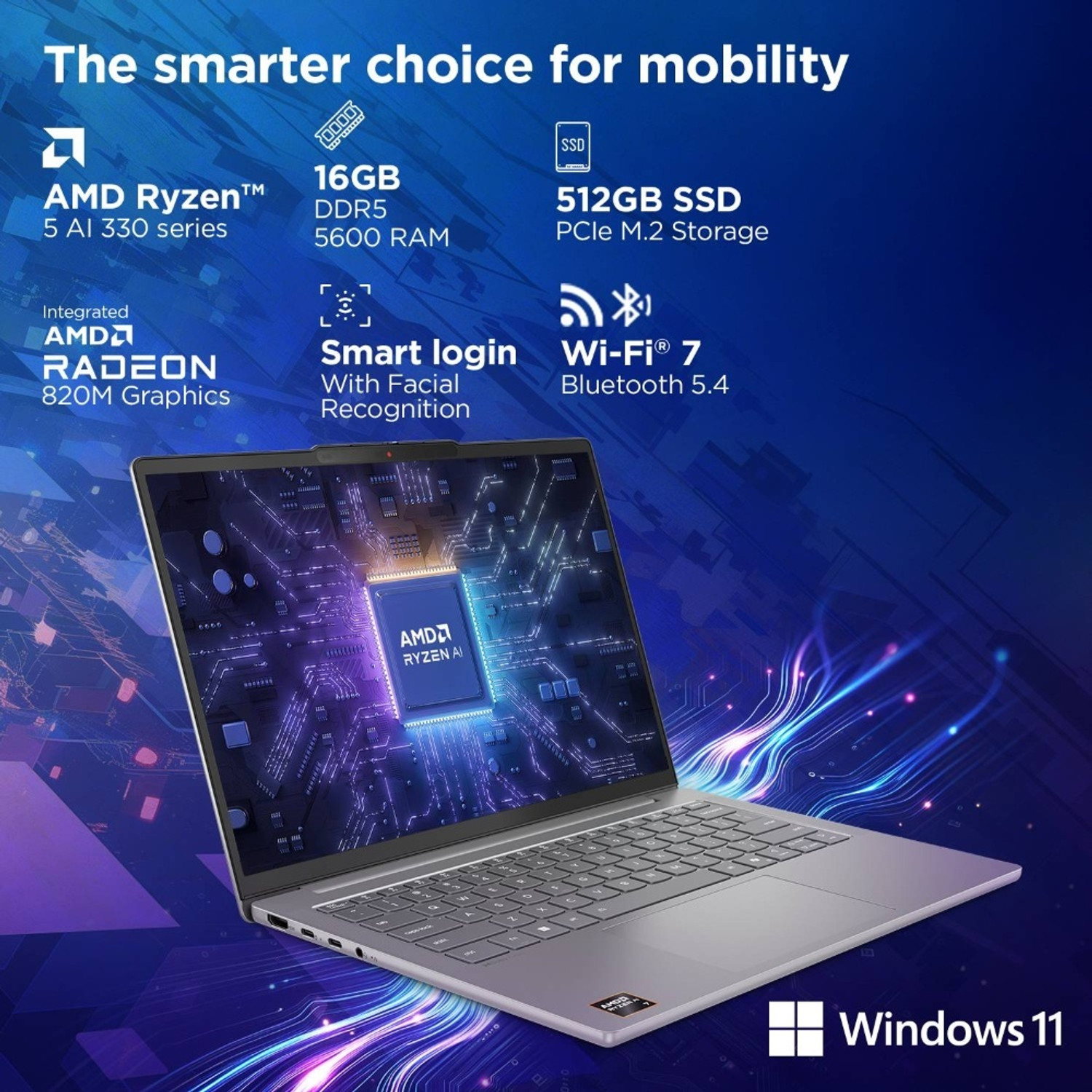 Image of Lenovo AMD Ryzen AI 5 Quad Core 330 - (16 GB /512 GB SSD /Windows 11 Home) IdeaPad Slim 5 14AKP10 Thin and Light Laptop