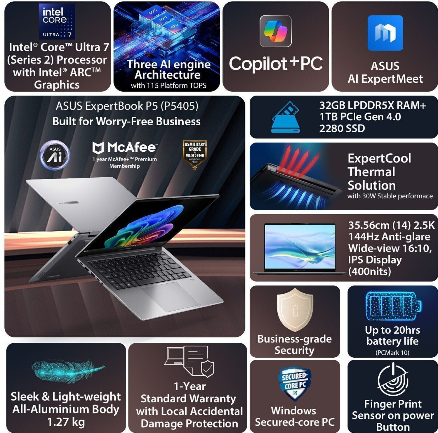Image of ASUS Expertbook P5 full metal AI PC with 1 Yr ADP Intel Core Ultra 7 258V - (32 GB /1 TB SSD /Windows 11 Home) P5405CSA-NZ0215WS Thin and Light Laptop