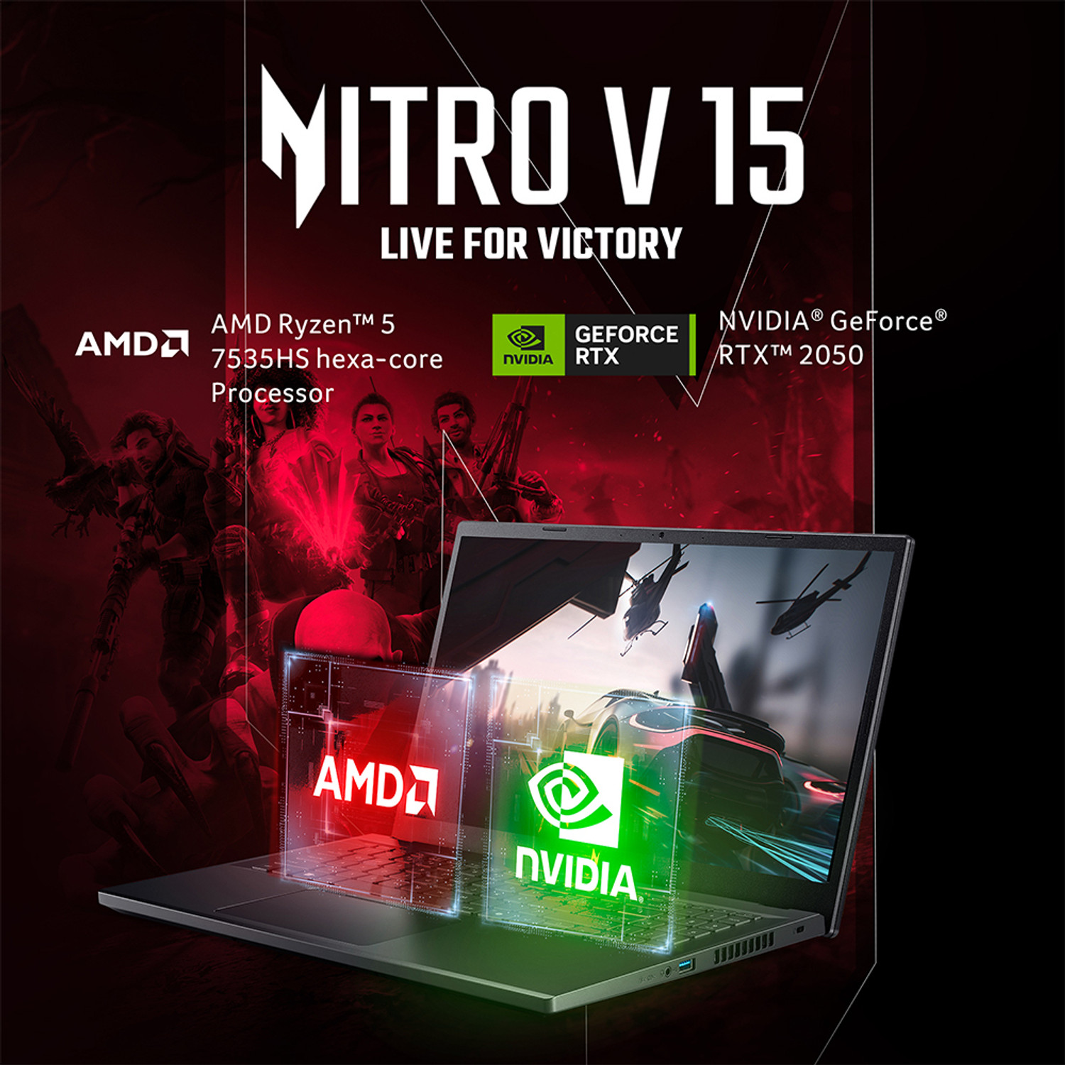 Image of Acer Nitro AMD Ryzen 5 Hexa Core 7535HS - (8 GB /512 GB SSD /Windows 11 Home /4 GB Graphics /NVIDIA GeForce RTX 2050) ANV15-41 Gaming Laptop