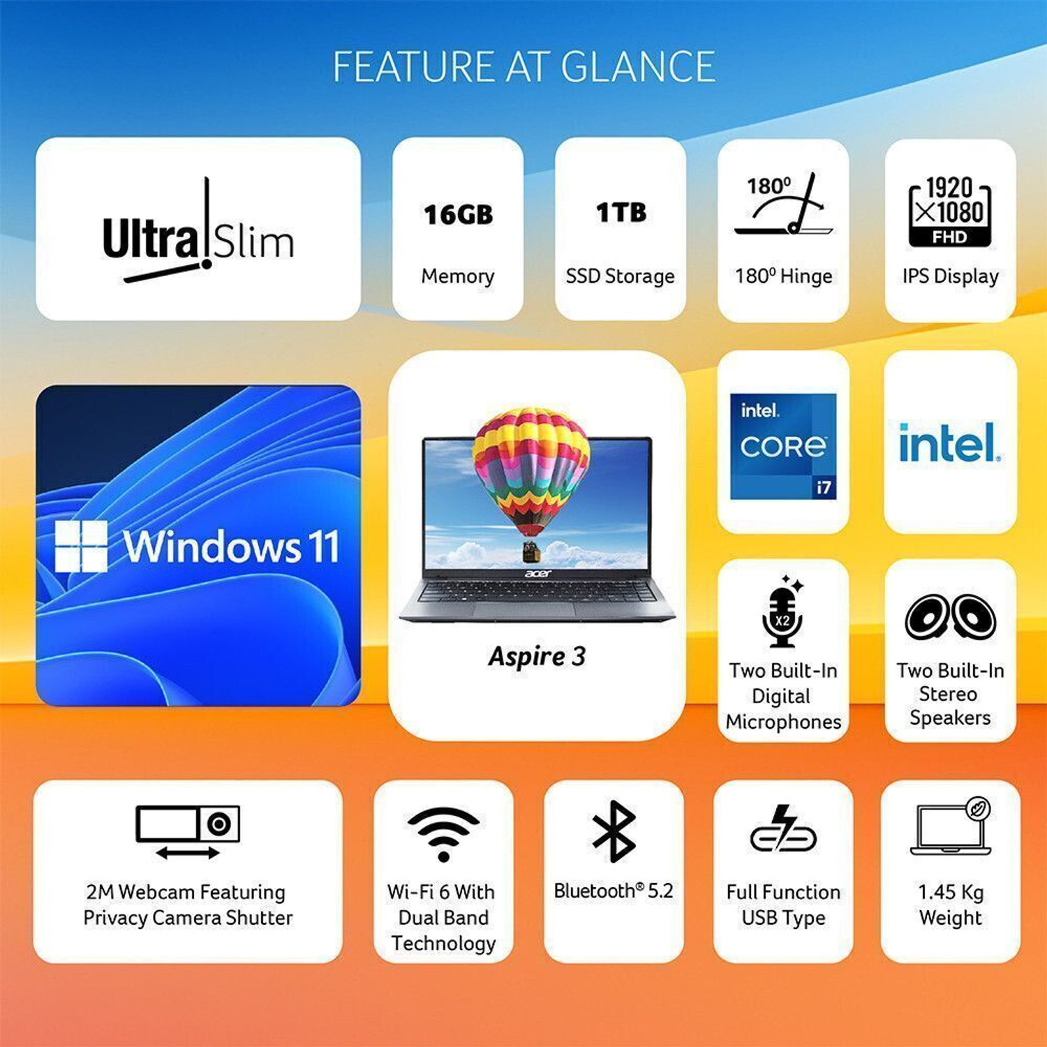 Image of Acer Aspire 3 Intel Core i7 12th Gen 1255U - (16 GB /1 TB SSD /Windows 11 Home) A324-51 Thin and Light Laptop