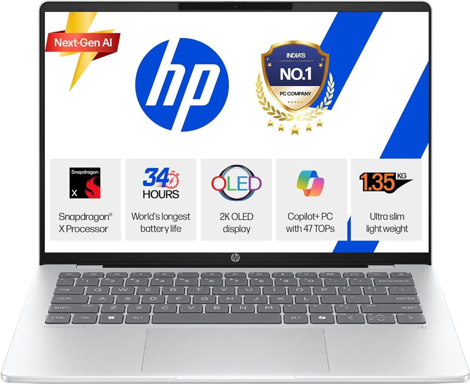Image of HP Qualcomm Snapdragon X - (16 GB /1 TB HDD /1 TB SSD /Windows 11 Home /16 GB Graphics) he0015QU Laptop