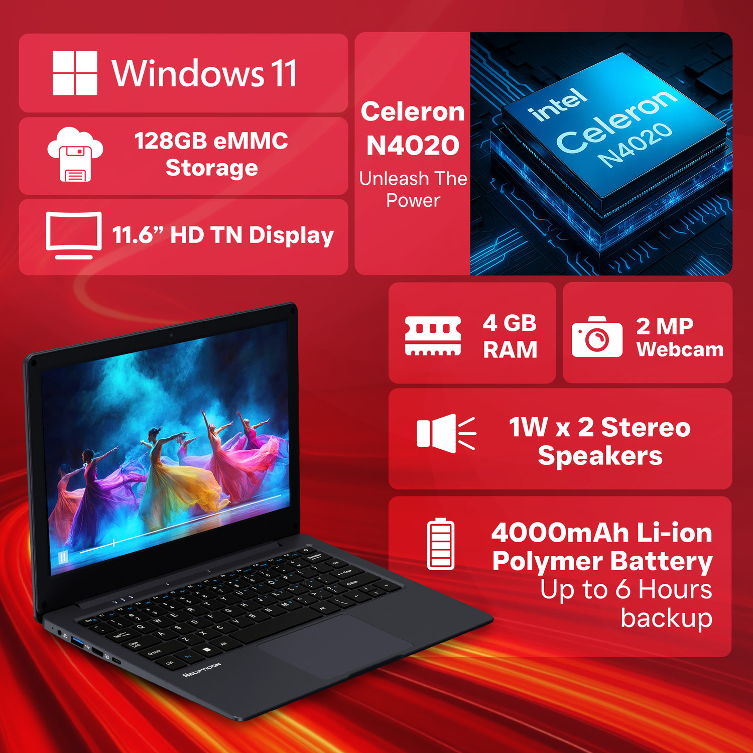 Image of Neopticon Ebook Intel Celeron Dual Core - (4 GB /128 GB SSD /128 GB EMMC Storage /Windows 11 Home) BBEN40412811 Notebook