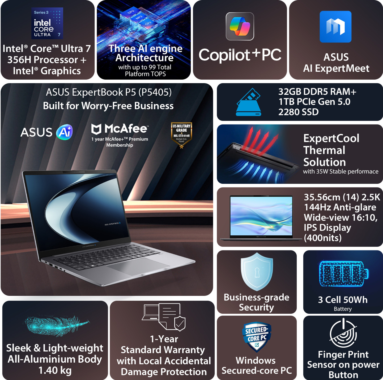 Image of ASUS Expertbook P5 Full metal AI PC with 1 Yr ADP Intel Core Ultra 7 356H - (32 GB /1 TB SSD /Windows 11 Home) P5405CAA-NZ0099WS Laptop
