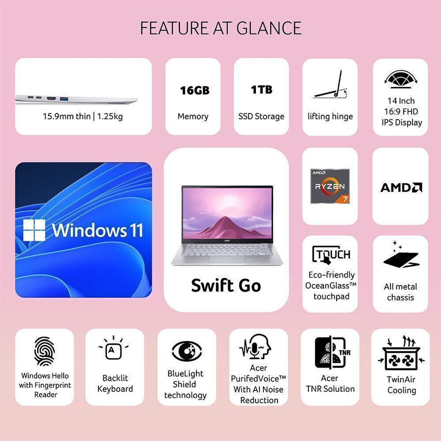 Image of Acer Swift Go 14 AMD Ryzen 7 Octa Core 7730U - (16 GB /1 TB SSD /Windows 11 Home) SFG14-41 Thin and Light Laptop