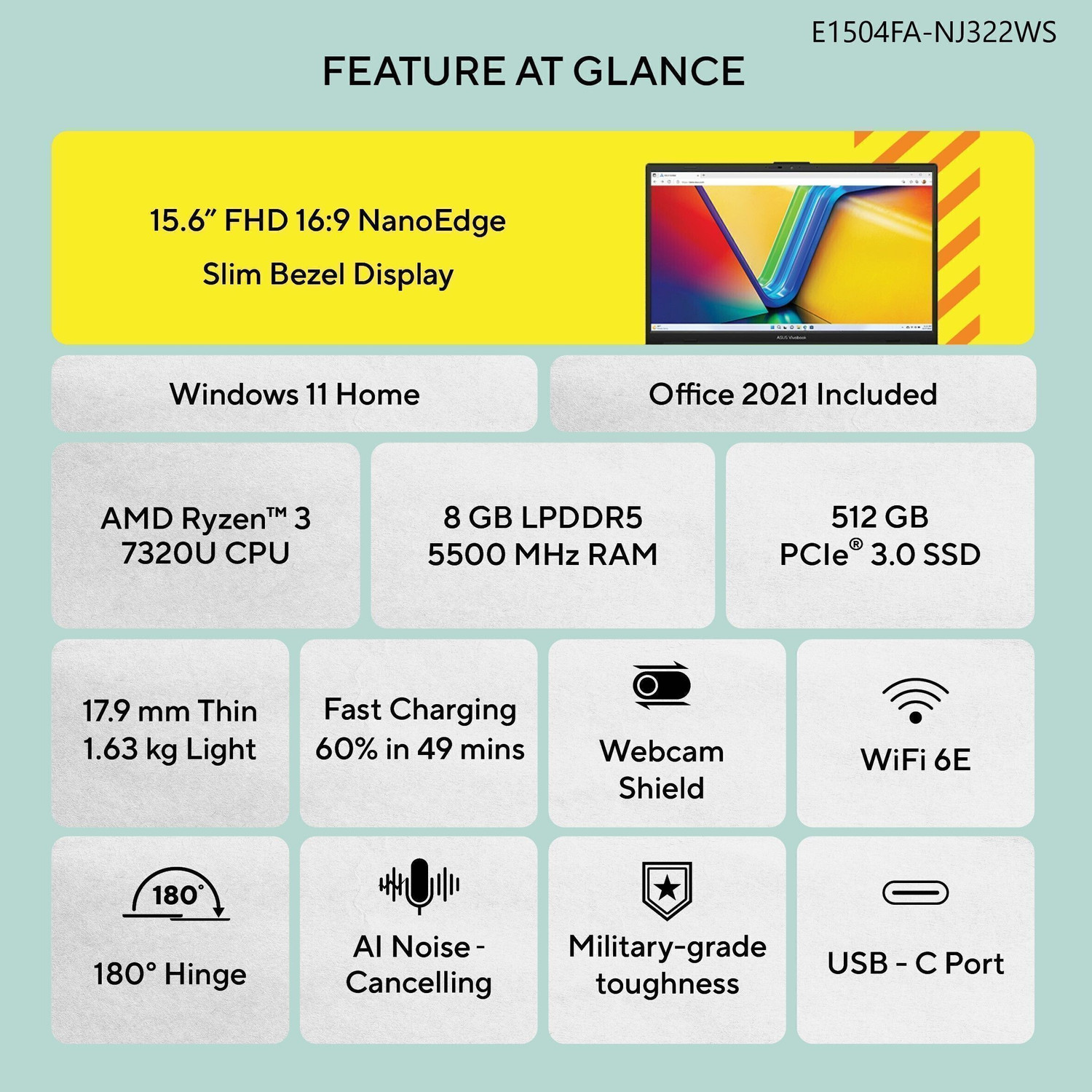Image of ASUS Vivobook Go 15 AMD Ryzen 3 Quad Core 7320U - (8 GB /512 GB SSD /Windows 11 Home) E1504FA-NJ322WS Thin and Light Laptop
