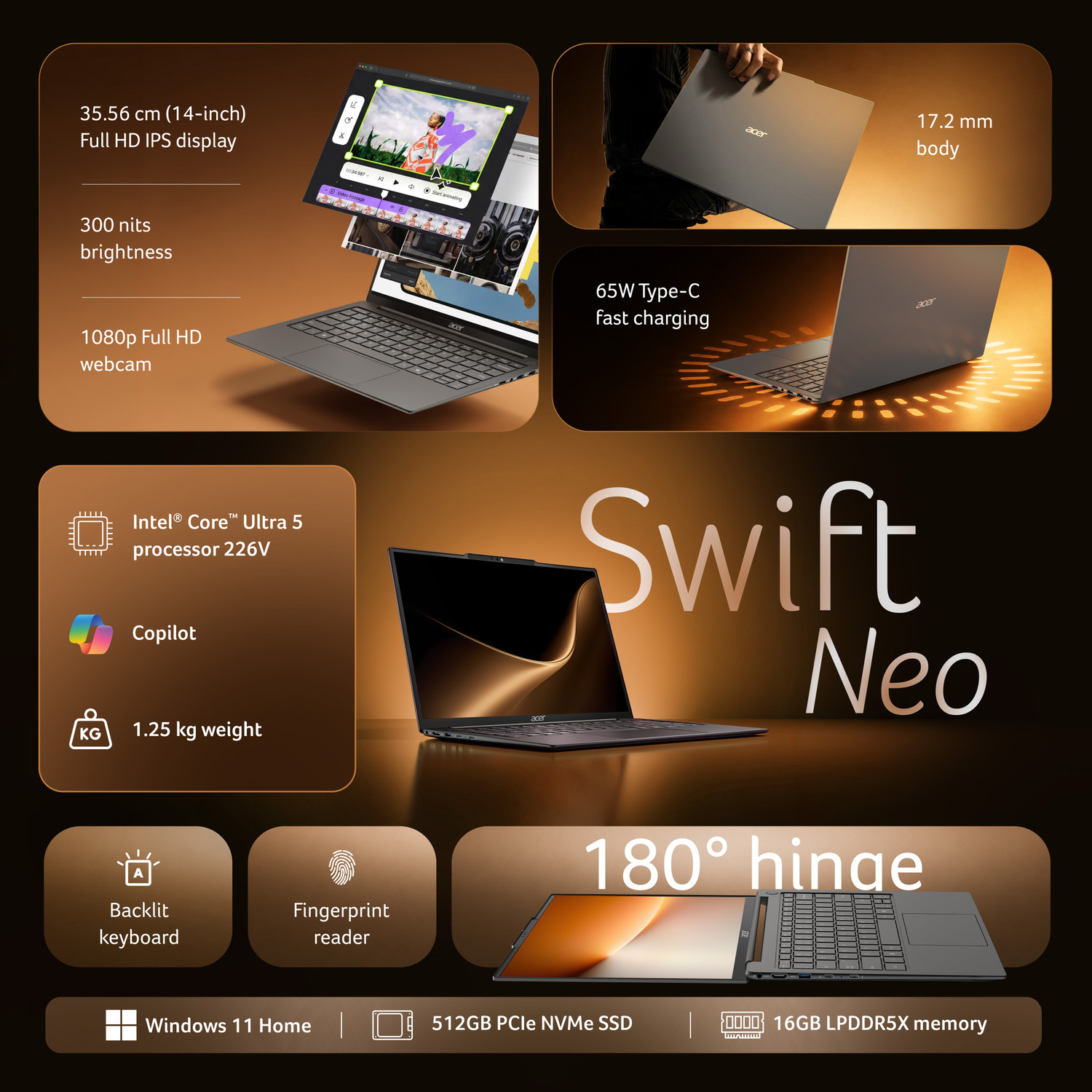 Image of Acer Swift Neo AI PC Intel Core Ultra 5 226V - (16 GB /512 GB SSD /Windows 11 Home) SFN14-56 Notebook
