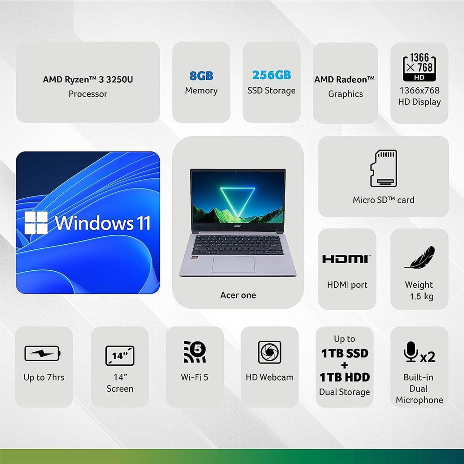 Image of Acer One 14 AMD Ryzen 3 Dual Core - (8 GB /256 GB SSD /Windows 11 Home) Z2-493 Thin and Light Laptop