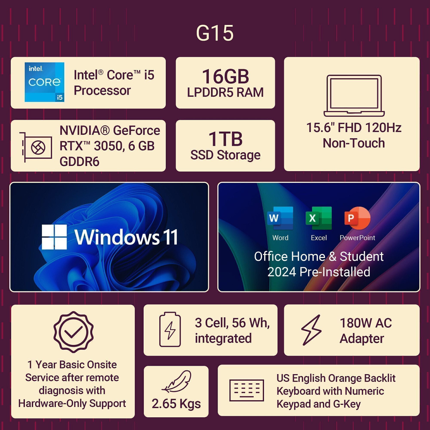 Image of DELL G15 Microsoft Office Home 2024 Intel Core i5 13th Gen 13450HX - (16 GB /1 TB SSD /Windows 11 Home /6 GB Graphics /NVIDIA GeForce RTX 3050 /120 Hz) G15 5530 Gaming Laptop