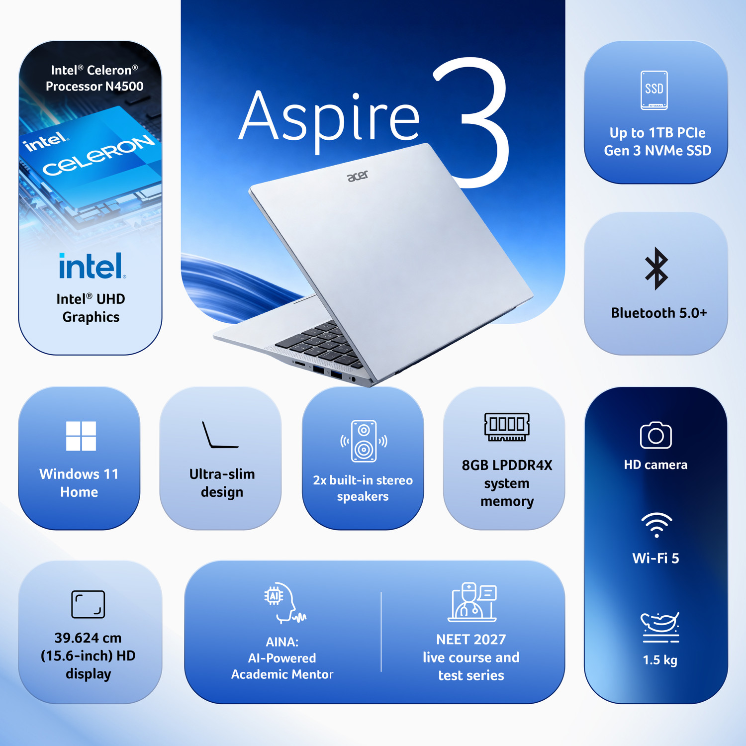 Image of Acer Aspire with Infinity Learn Neet Capsule Course Intel Celeron Dual Core N4500 - (8 GB /128 GB SSD /Windows 11 Home) A325-45 Notebook