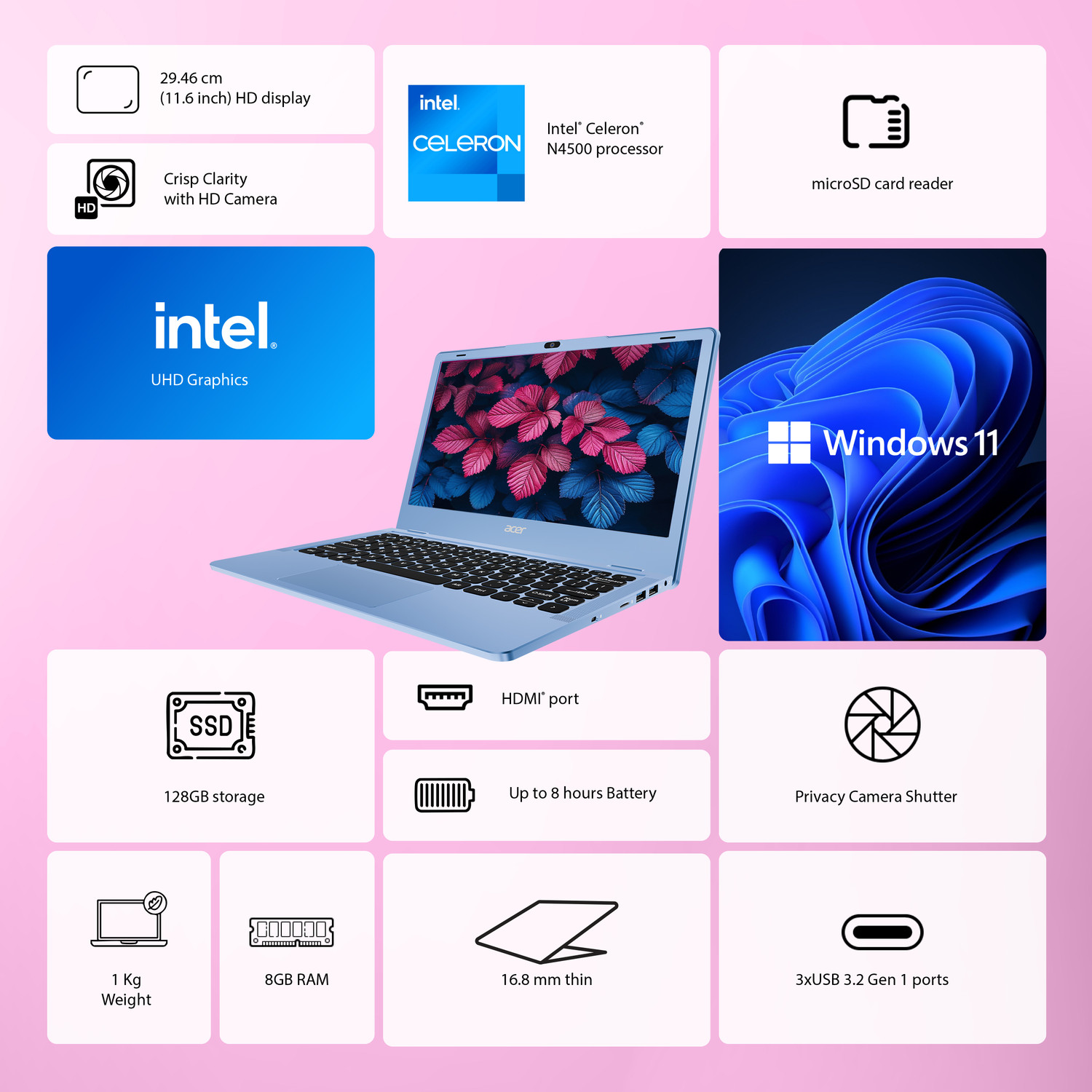 Image of Acer Intel Celeron Dual Core N4500 - (8 GB /128 GB SSD /Windows 11 Home) A311-45 Notebook