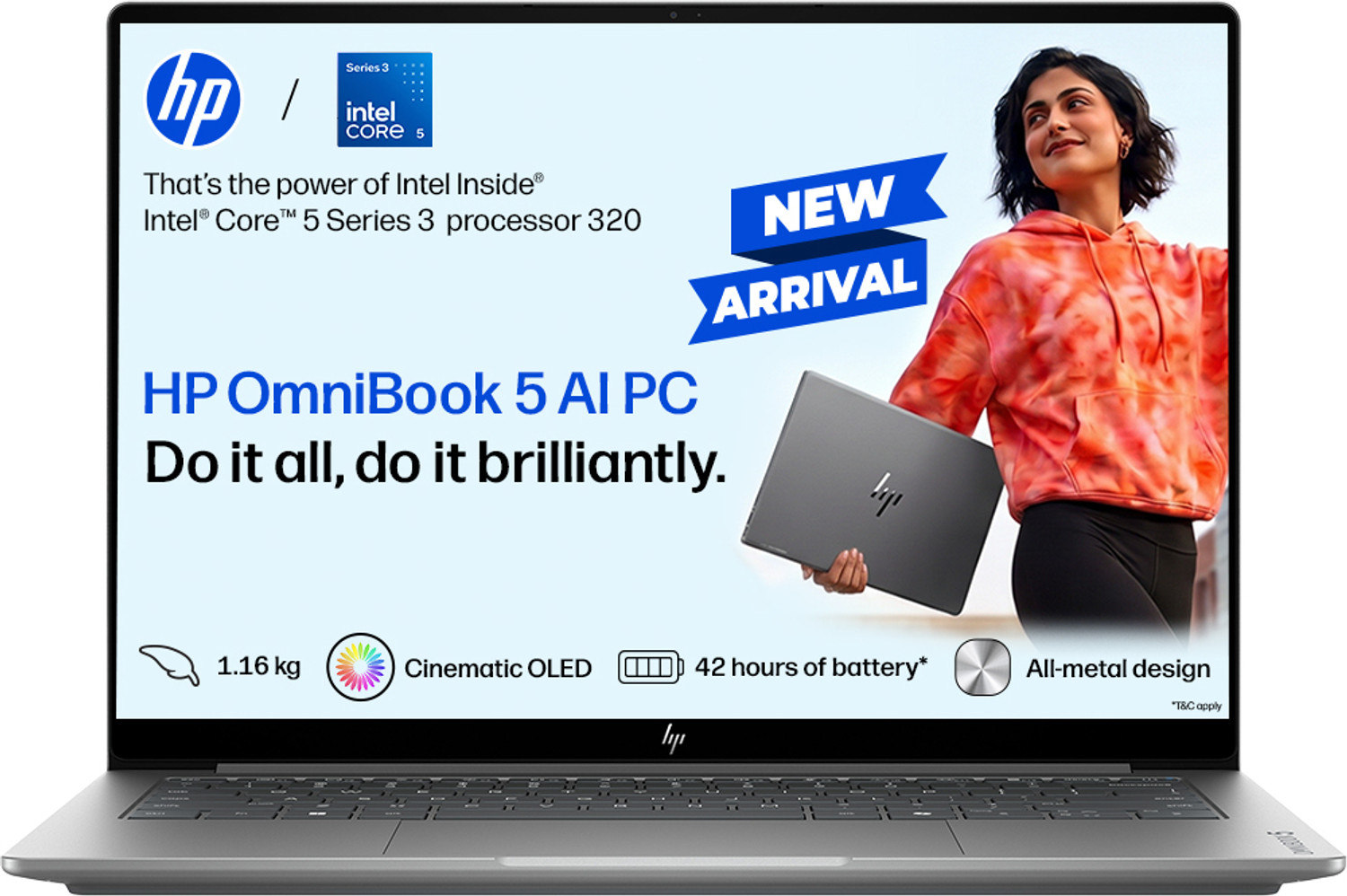 Image of HP Omnibook 5 2k OLED Intel Core 5 Series 3 320 - (8 GB /512 GB SSD /Windows 11 Home) 14-mh0017TU Laptop (14 inch, Smoke Silver Aluminum, 1.2 kg, With MS Office)