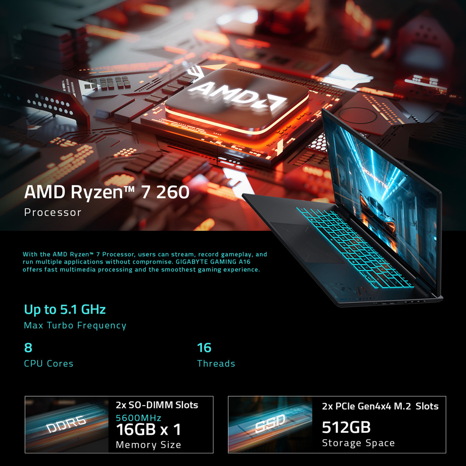 Image of GIGABYTE A16 AMD Ryzen 7 260 - (16 GB /512 GB SSD /Windows 11 Home /8 GB Graphics /NVIDIA GeForce RTX 5060) GAMING A16 3VHK3IN893SH Gaming Laptop