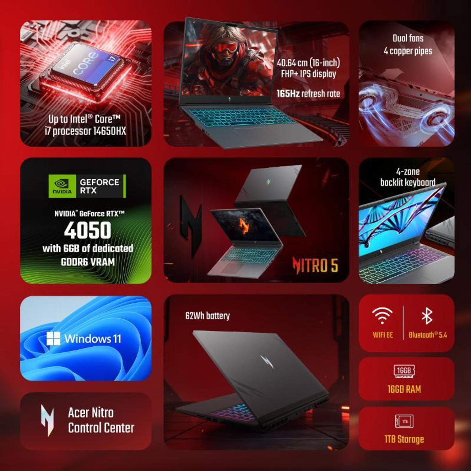 Image of Acer Nitro 5 Intel Core i7 14th Gen 14650HX - (16 GB /1 TB SSD /Windows 11 Home /6 GB Graphics /NVIDIA GeForce RTX 4050) AN516-73G1 Gaming Laptop