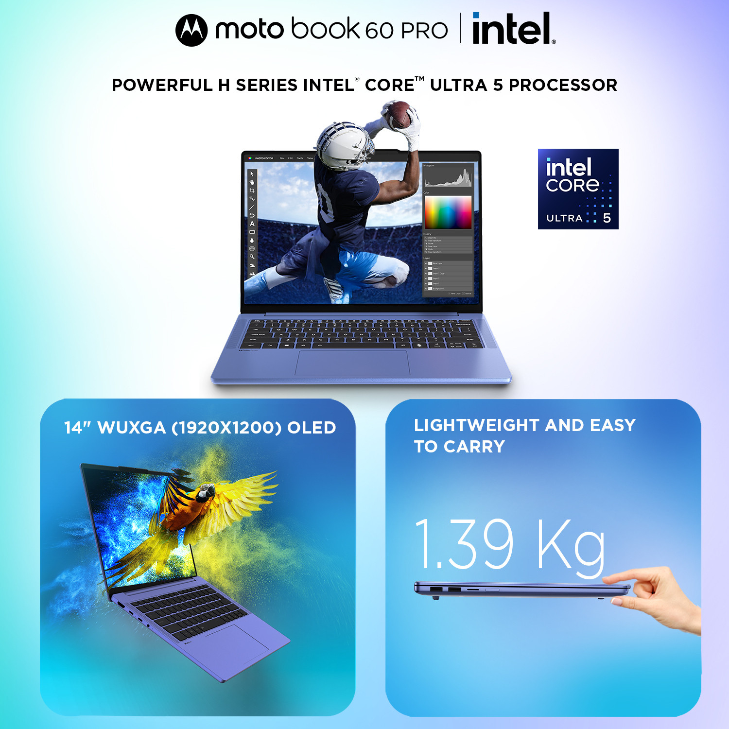 Image of MOTOROLA Motobook 60 Pro Full Metal AI PC WUXGA OLED Intel Core Ultra 5 225H - (16 GB /512 GB SSD /Windows 11 Home) 14IAH101 Thin and Light Laptop