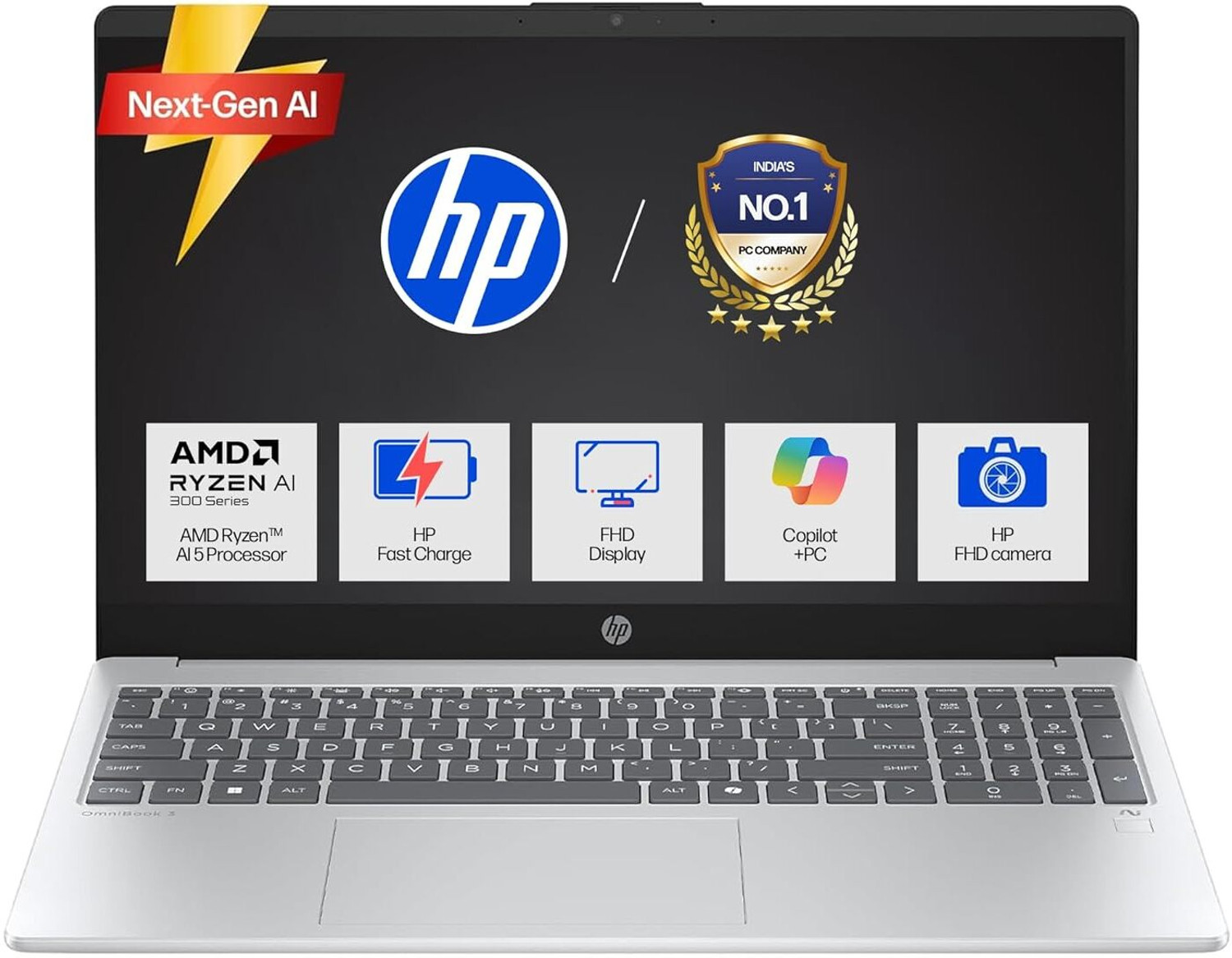 Image of HP Omnibook 3 with Backlit Keyboard AMD Ryzen AI 5 Quad Core - (24 GB /1 TB SSD /Windows 11 Home) 15-fn0074AU Thin and Light Laptop