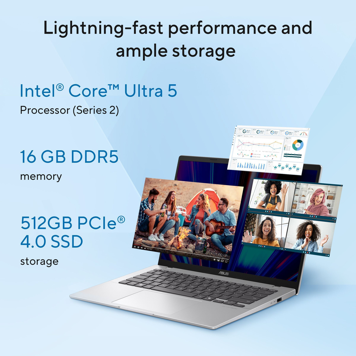Image of ASUS Vivobook 14 (2025) with Office 2024 + M365 Basic*, Intel Core Ultra 5 225H - (16 GB /512 GB SSD /Windows 11 Home) X1407CA-LY160WS Thin and Light Laptop