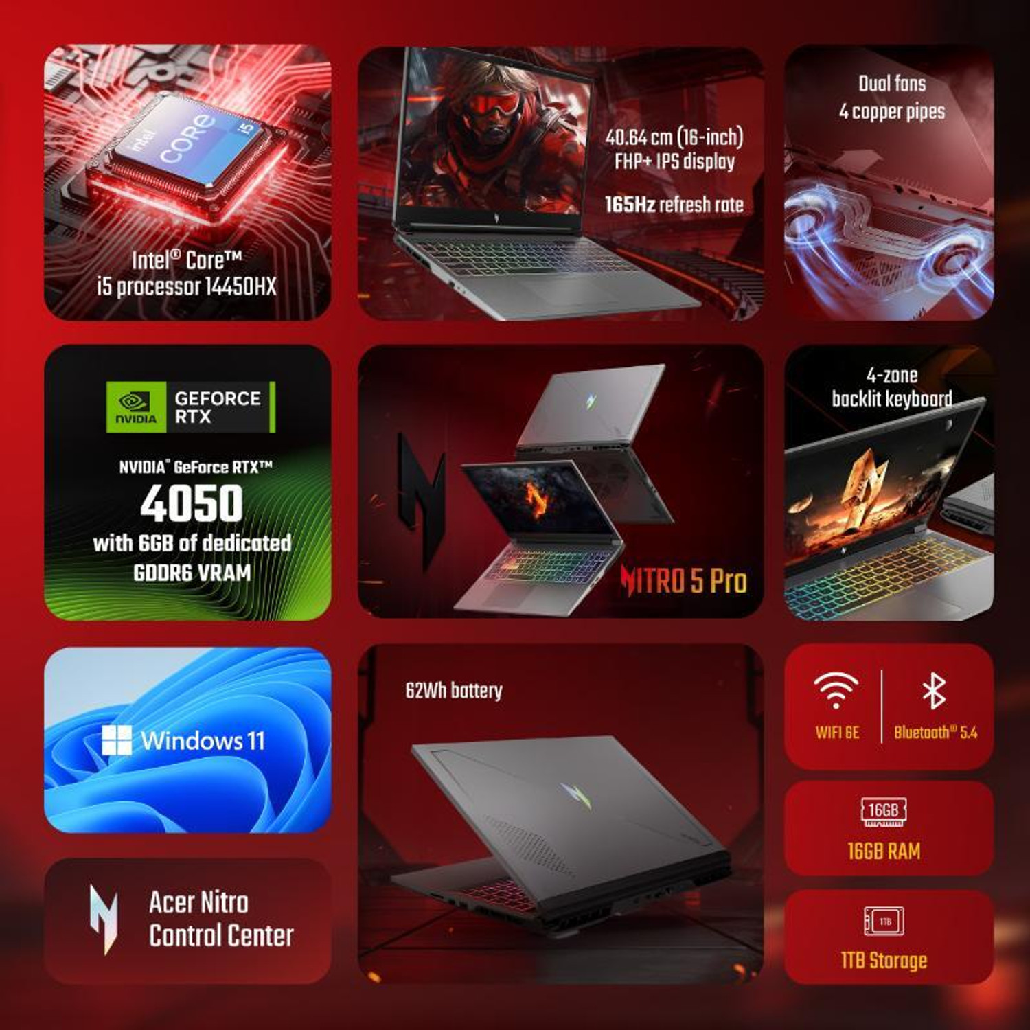 Image of Acer Nitro 5 Pro Intel Core i5 14th Gen 14450HX - (16 GB /1 TB SSD /Windows 11 Home /6 GB Graphics /NVIDIA GeForce RTX 4050) AN5P16-73G2 Gaming Laptop