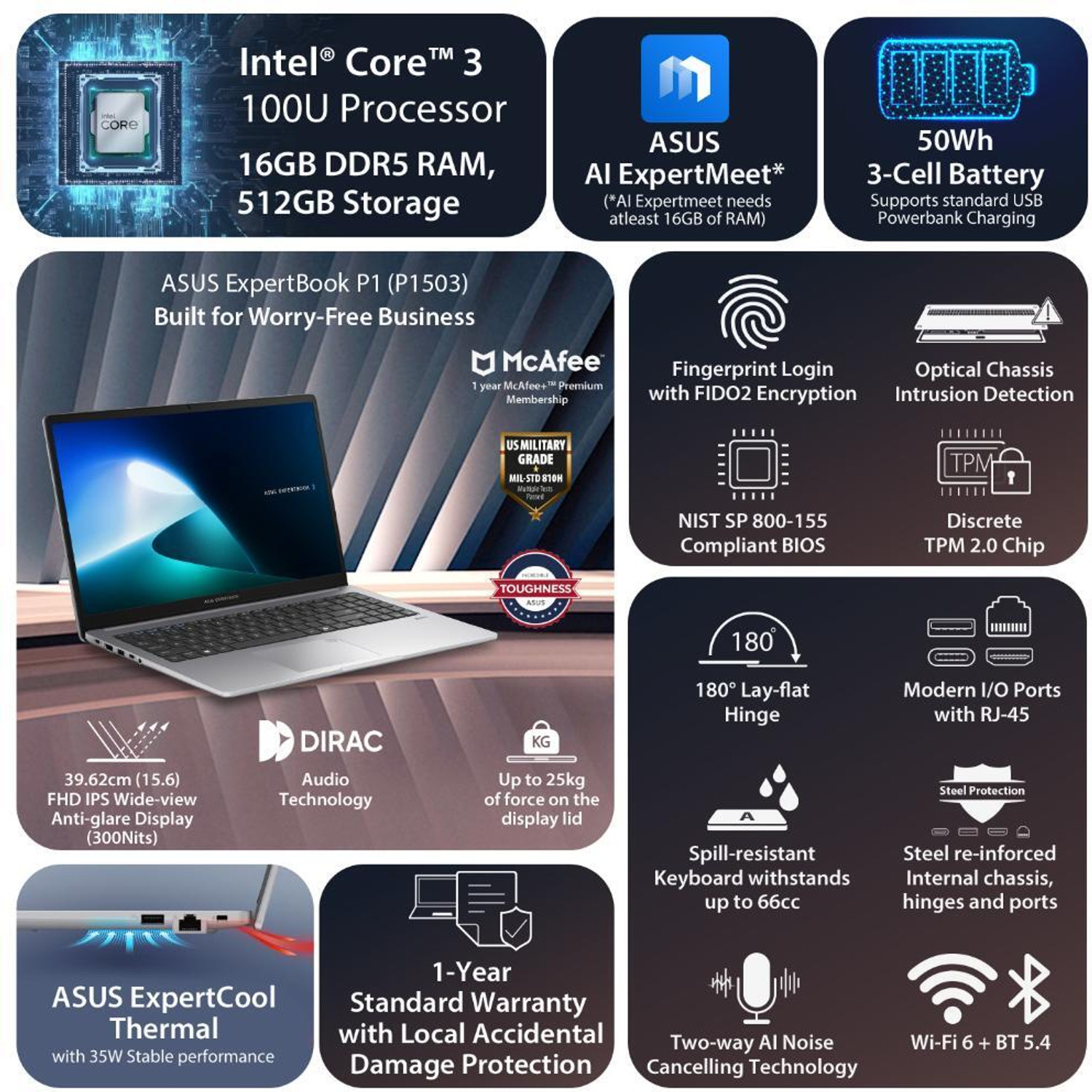 Image of ASUS ExpertBook P1 with 1 Yr ADP (i3 14th Gen) Intel Core 3 100U - (16 GB /512 GB SSD /Windows 11 Home) P1503CVAI-S70006WS Thin and Light Laptop