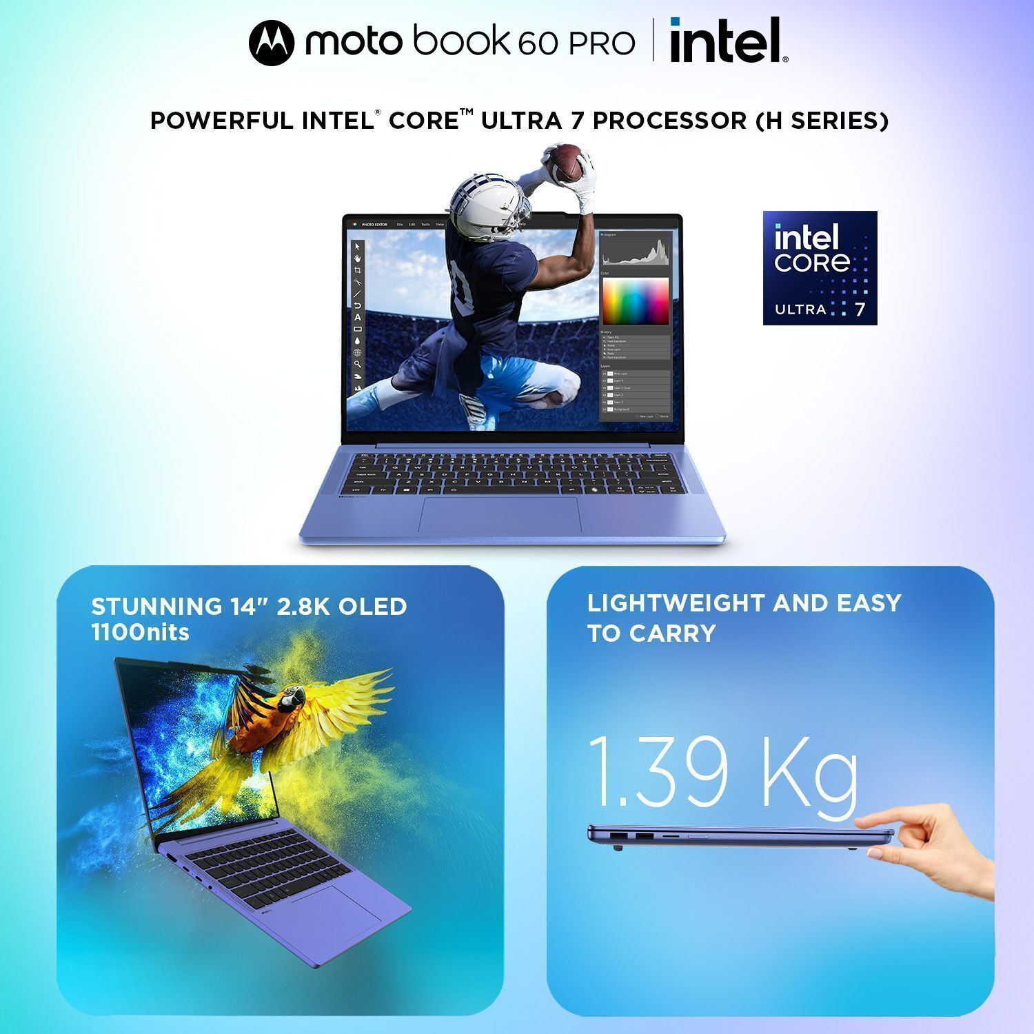 Image of MOTOROLA Motobook 60 Pro Full Metal OLED AI PC Intel Core Ultra 7 255 H - (32 GB /1 TB SSD /Windows 11 Home) Motobook 60 14IAH101 Thin and Light Laptop