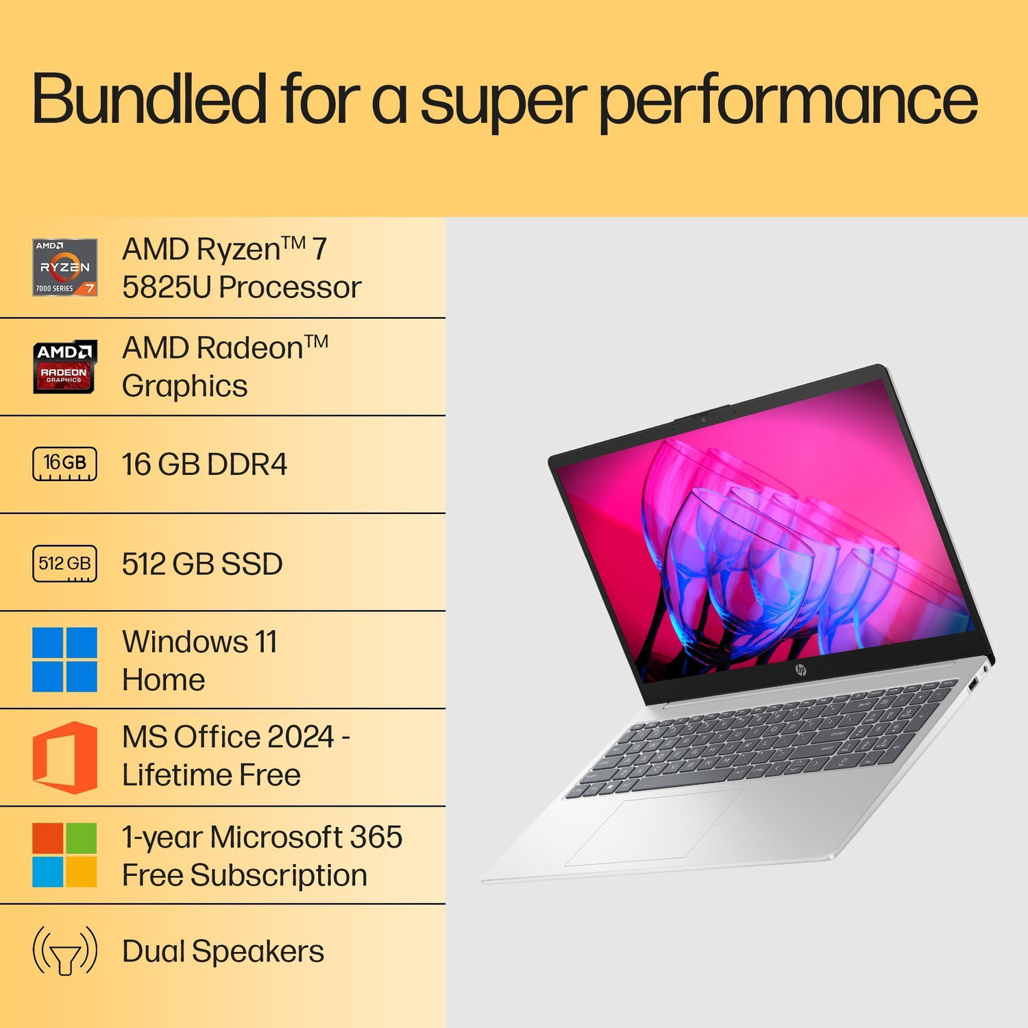 Image of HP 15 with Backlit Keyboard & Office 2024 AMD Ryzen 7 Octa Core 5825U - (16 GB /512 GB SSD /Windows 11 Home) 15-fc0476AU / 15-fc0533AU Thin and Light Laptop