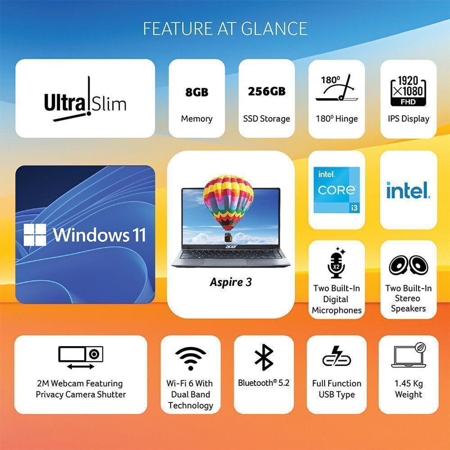 Image of Acer Aspire 3 Intel Core i3 12th Gen 1215U - (8 GB /256 GB SSD /Windows 11 Home) A324-51 Thin and Light Laptop