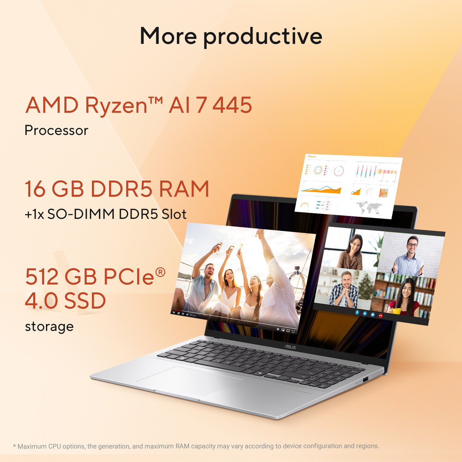 Image of ASUS Vivobook 16 (2026) AI PC with Office 2024 + M365 Basic*, Copilot+ PC AMD Ryzen AI 7 Hexa Core 445 - (16 GB /512 GB SSD /Windows 11 Home) M1607GA-MB029WS Thin and Light Laptop