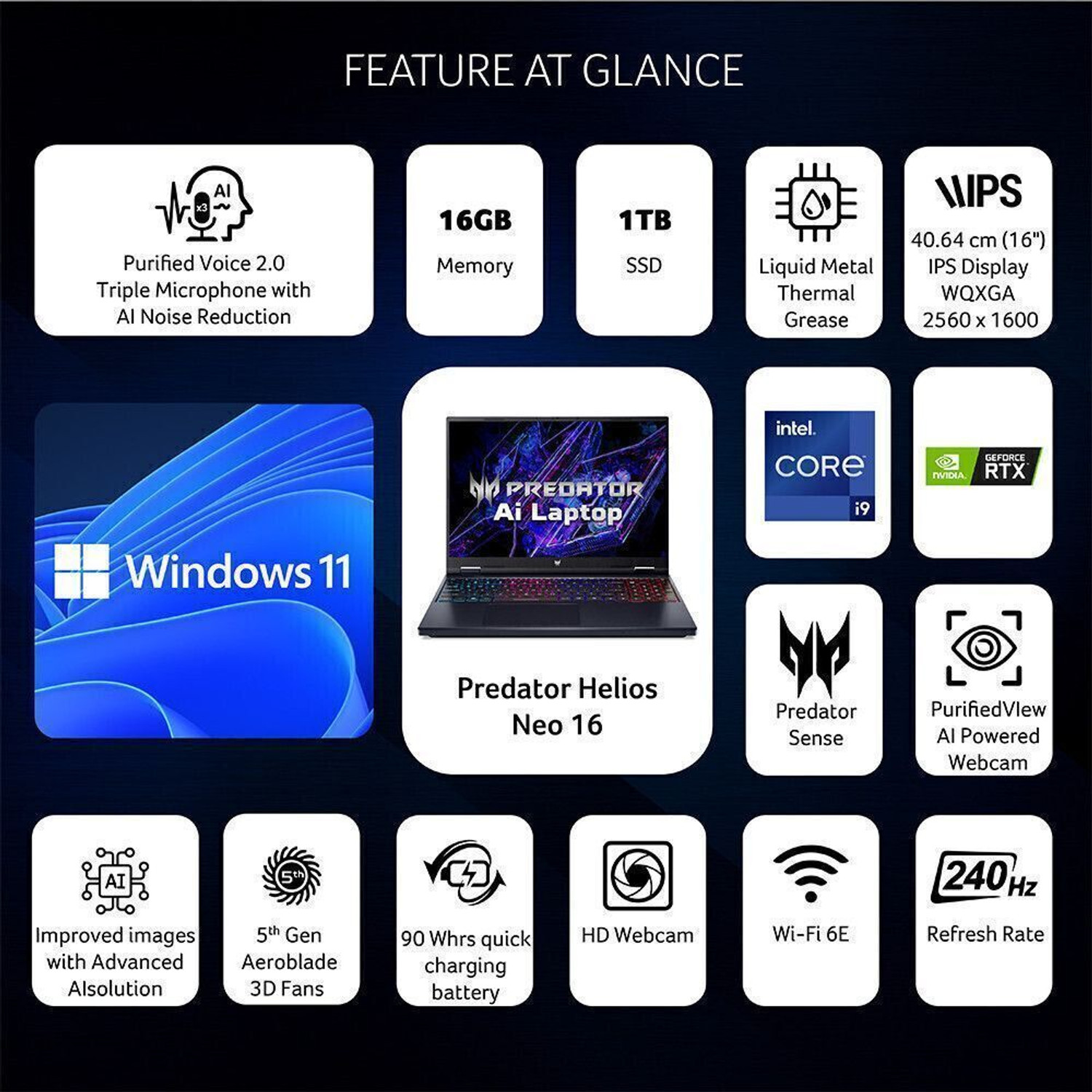Image of Acer Predator Helios Neo 16 Intel Core i9 14th Gen 14900HX - (16 GB /1 TB SSD /Windows 11 Home /8 GB Graphics /NVIDIA GeForce RTX 4070) PHN16-72 Gaming Laptop