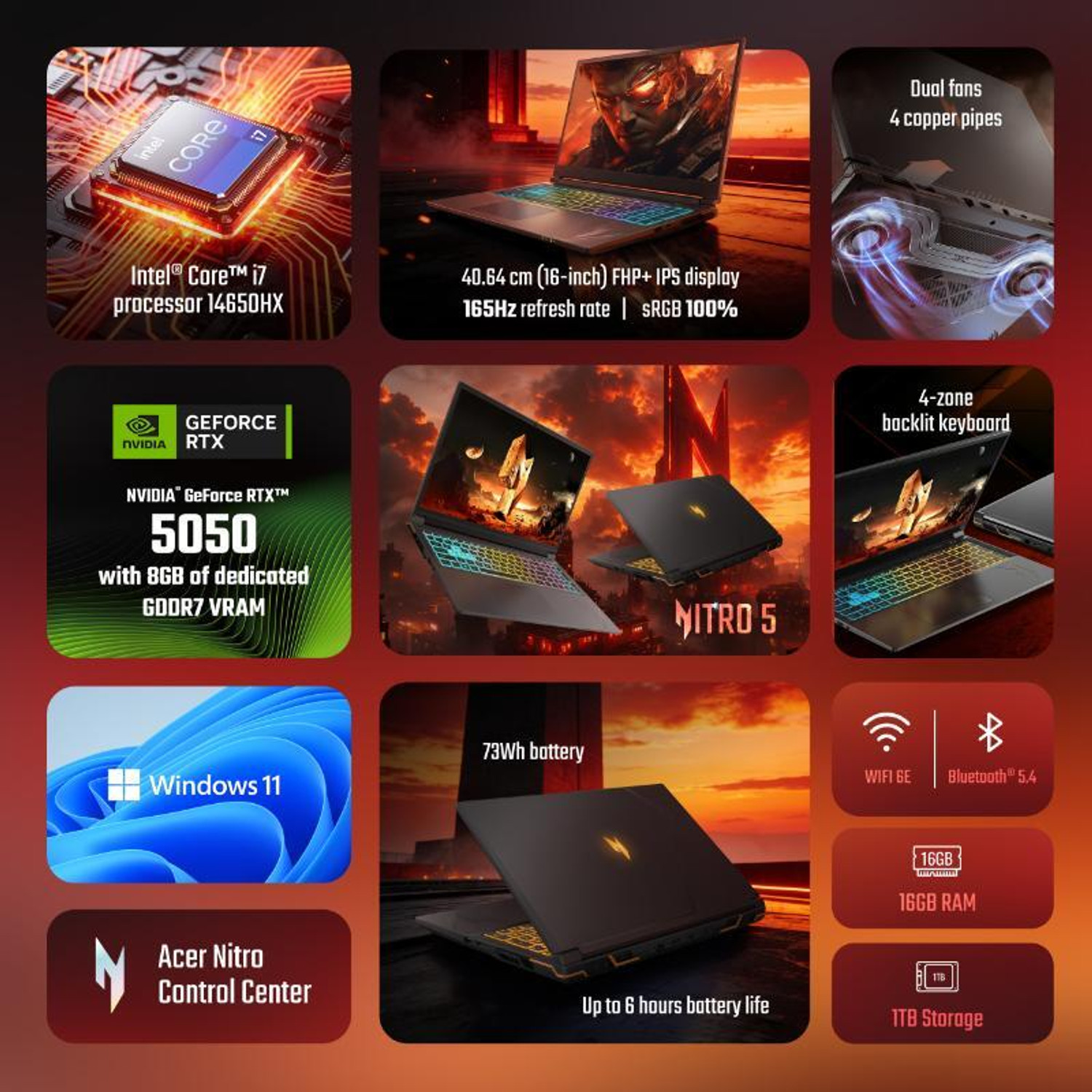 Image of Acer Nitro 5 Intel Core i7 14th Gen 14650HX - (16 GB /1 TB SSD /Windows 11 Home /8 GB Graphics /NVIDIA GeForce RTX 5050) AN516-74G1 Gaming Laptop