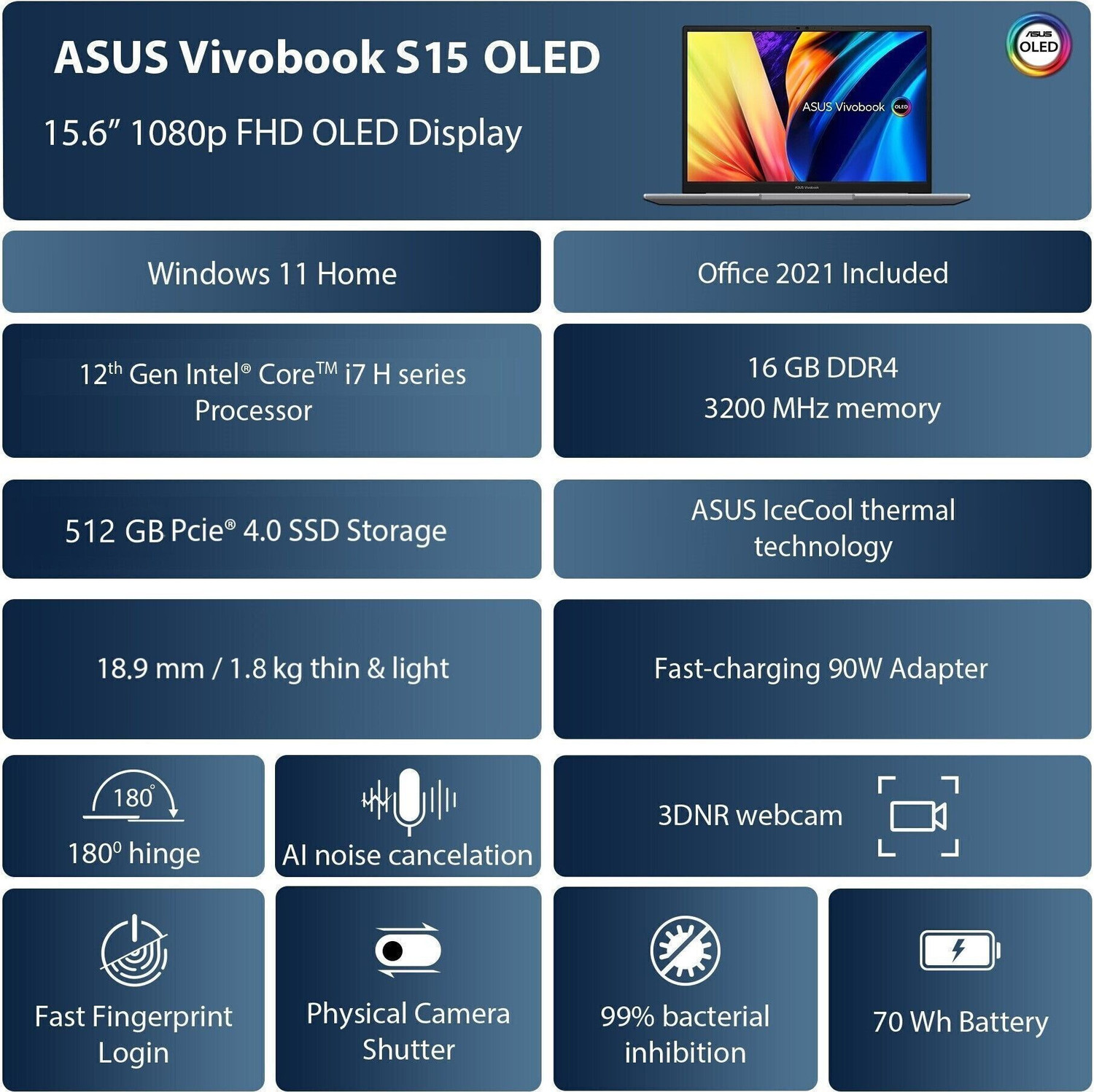 Image of ASUS Vivobook S15 OLED Intel EVO H Series Intel Core i7 12th Gen 12700H - (16 GB /512 GB SSD /Windows 11 Home) K3502ZA-L702WS Thin and Light Laptop