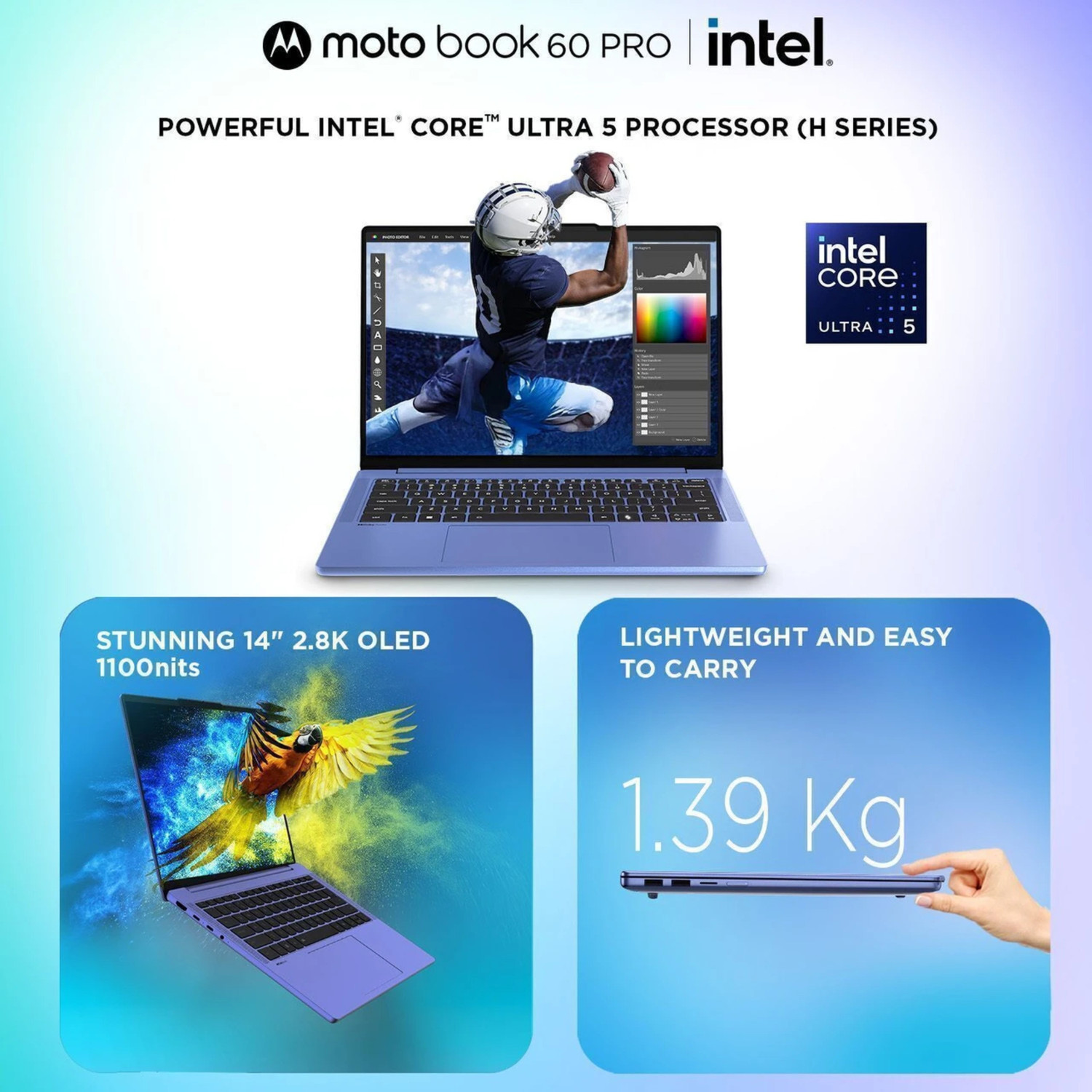 Image of MOTOROLA Motobook 60 Pro Full Metal OLED AI PC Intel Core Ultra 5 225H - (16 GB /512 GB SSD /Windows 11 Home) 83NY000DIN Thin and Light Laptop