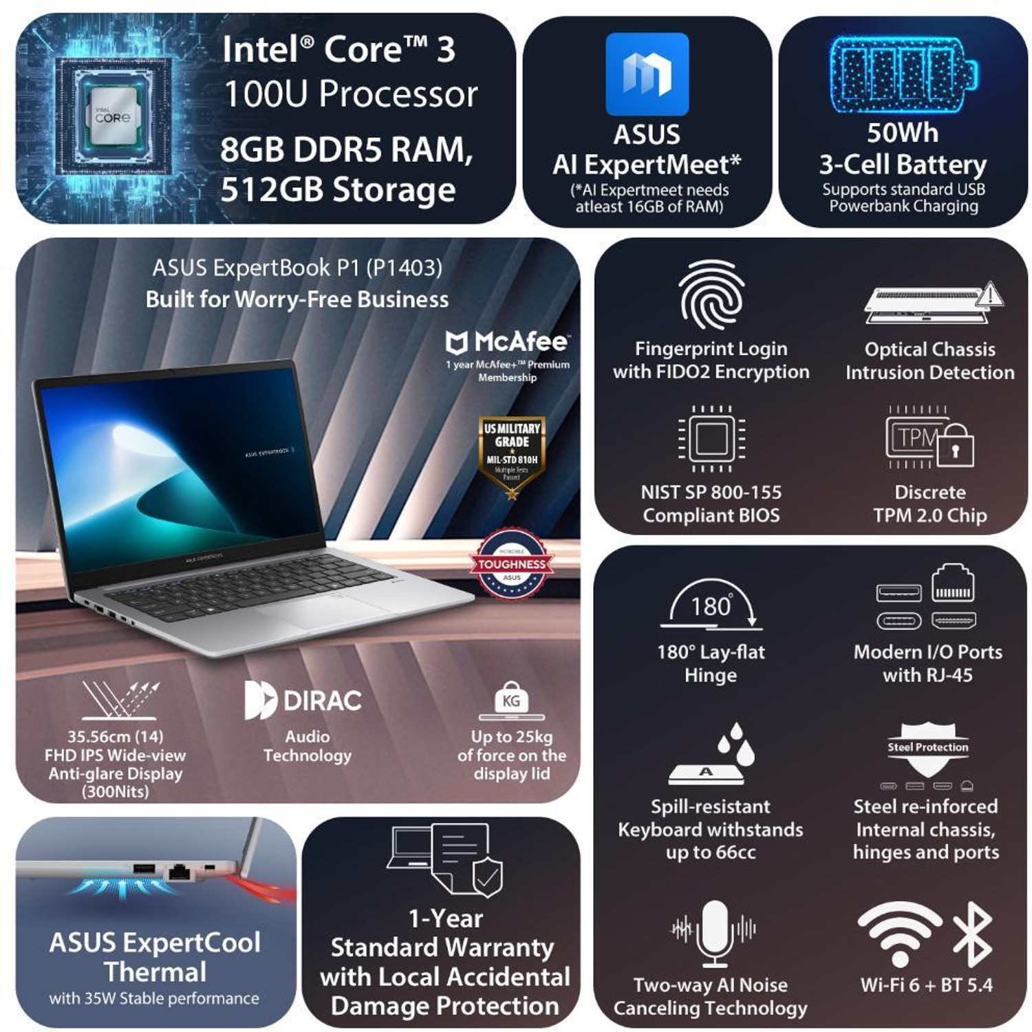 Image of ASUS ExpertBook P1 with 1 Yr ADP (i3 14th Gen) Intel Core 3 100U - (8 GB /512 GB SSD /Windows 11 Home) P1403CVAI-S60065WS Thin and Light Laptop