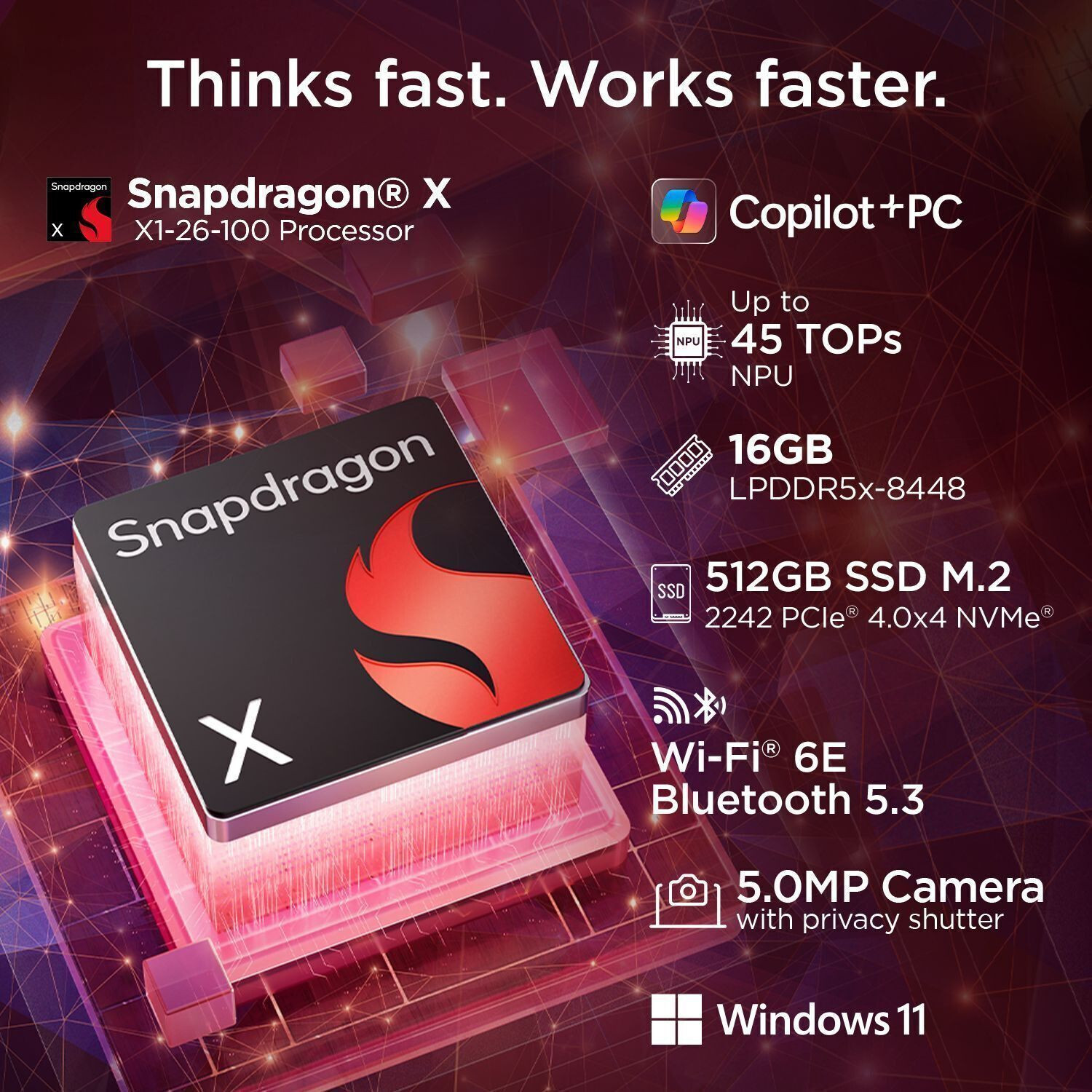 Image of Lenovo Snapdragon X - (16 GB /512 GB SSD /Windows 11 Home) 15Q8X10 Thin and Light Laptop