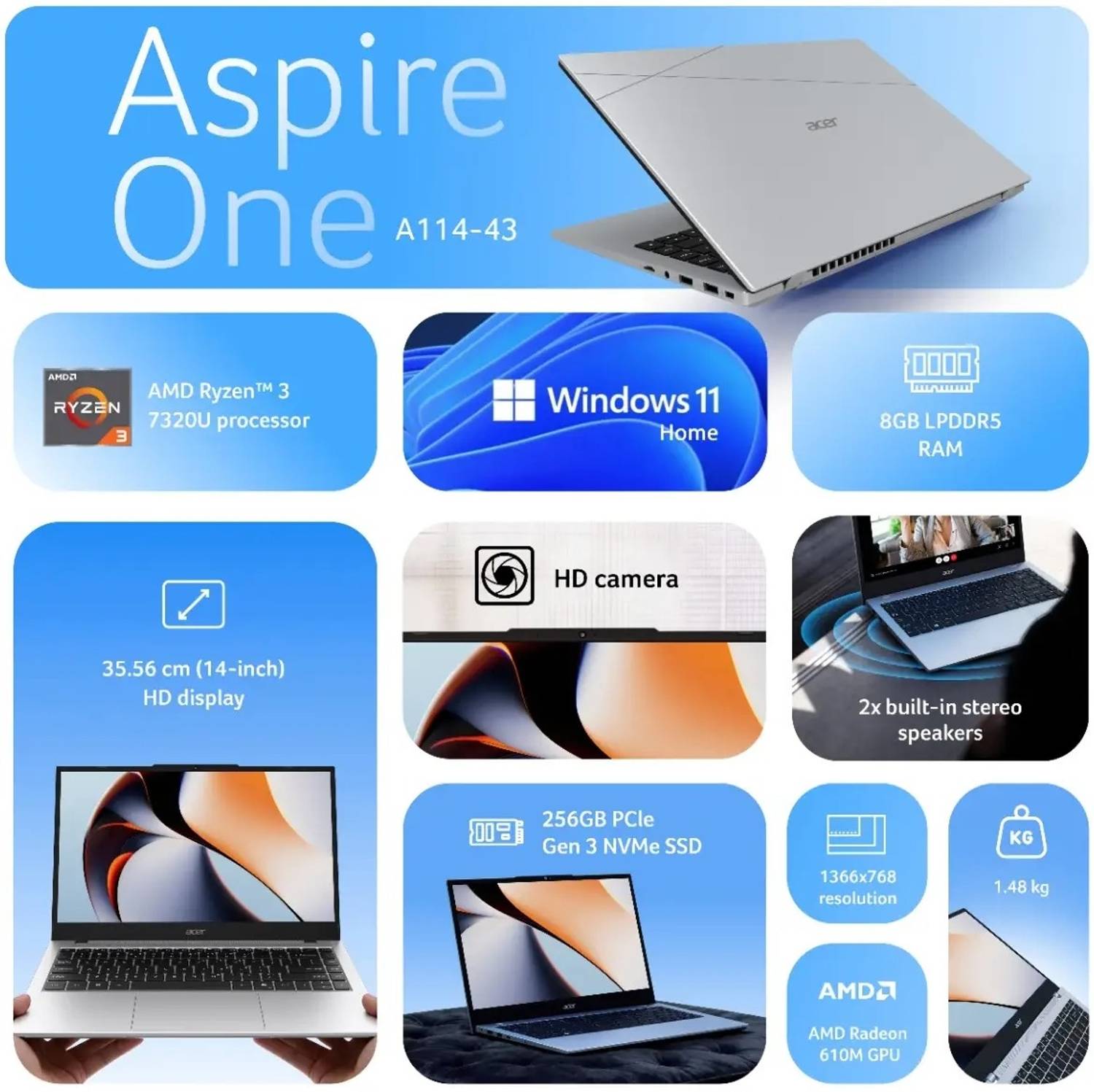 Acer One 14 AMD Ryzen 3 7320U 8GB 256GB SSD Laptop - Image 4