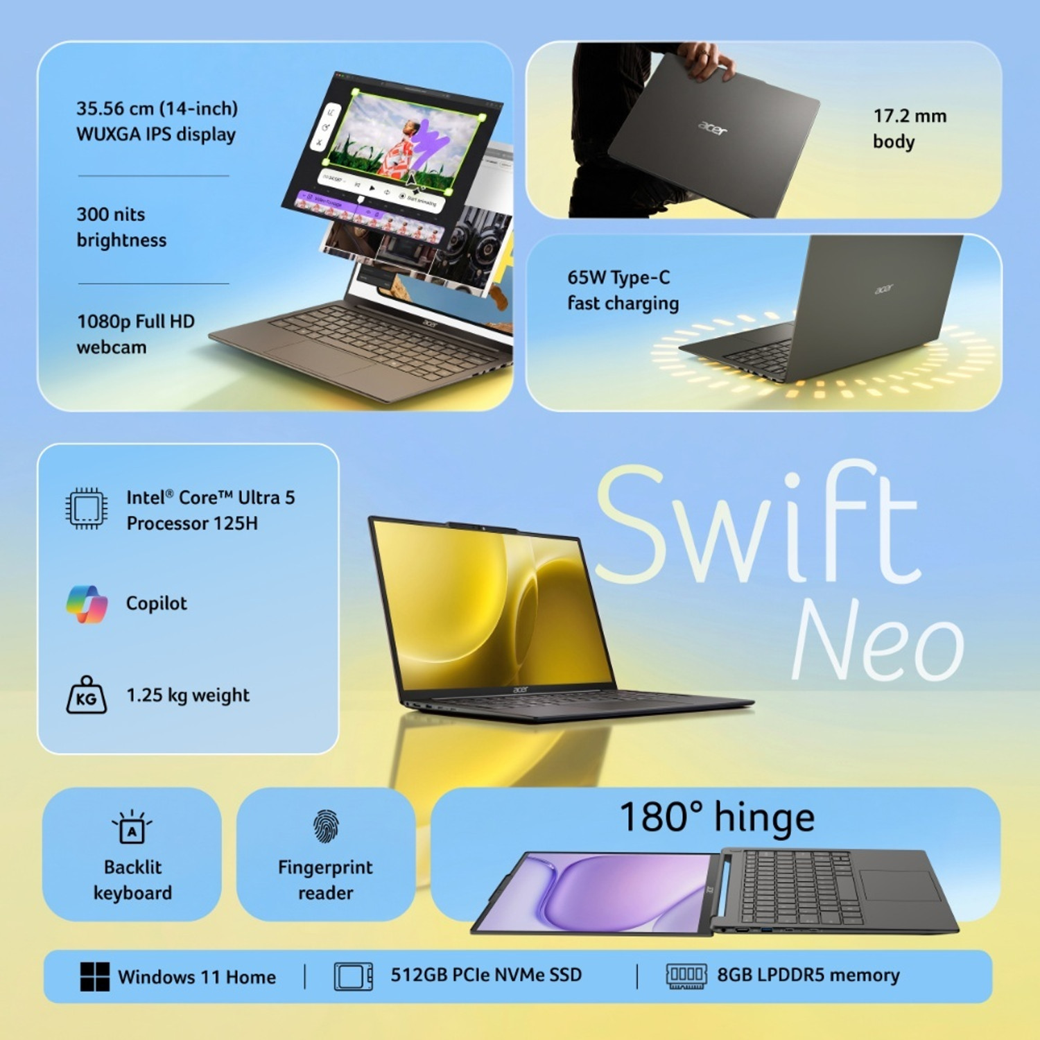 Image of Acer Swift Neo Intel Core Ultra 5 125H - (8 GB /512 GB SSD /Windows 11 Home) SFN14-55 Notebook