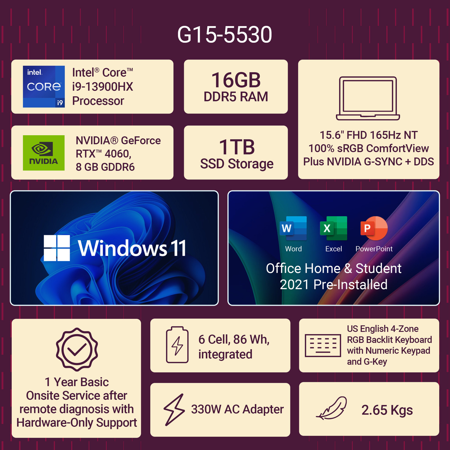 Image of DELL G15 Intel Core i9 13th Gen 13900HX - (16 GB /1 TB SSD /Windows 11 Home /8 GB Graphics /NVIDIA GeForce RTX 4060 /165 Hz) 5530 Gaming Laptop