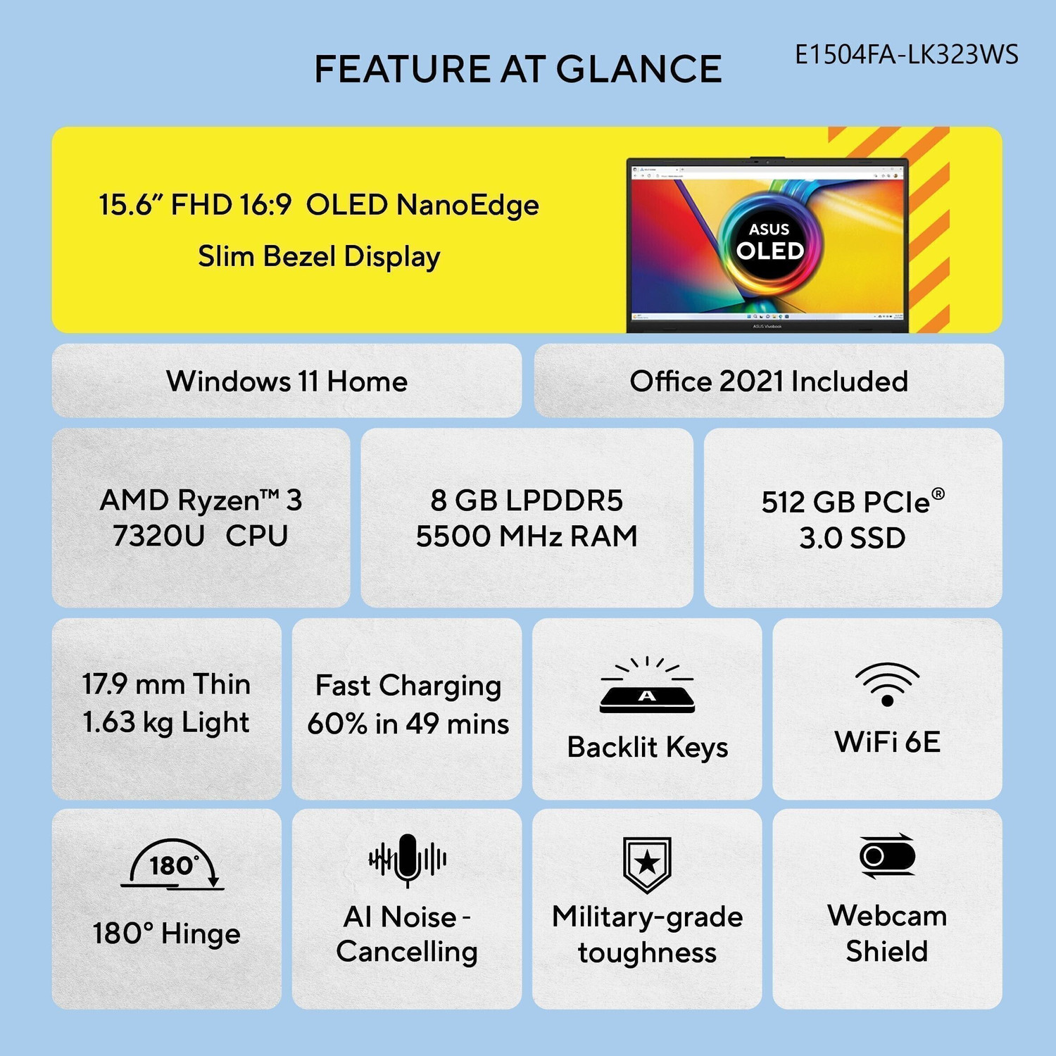 Image of ASUS Vivobook Go 15 OLED, with Backlit Keyboard, AMD Ryzen 3 Quad Core 7320U - (8 GB /512 GB SSD /Windows 11 Home) E1504FA-LK323WS Thin and Light Laptop