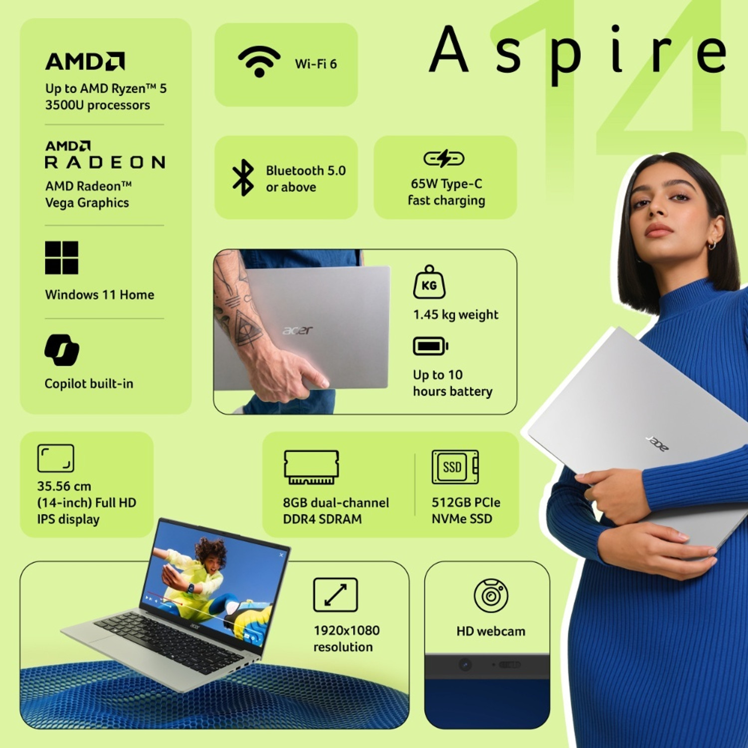 Image of Acer Aspire 14 AMD Ryzen 5 3500U - (8 GB /512 GB SSD /Windows 11 Home) AS14-39 Notebook
