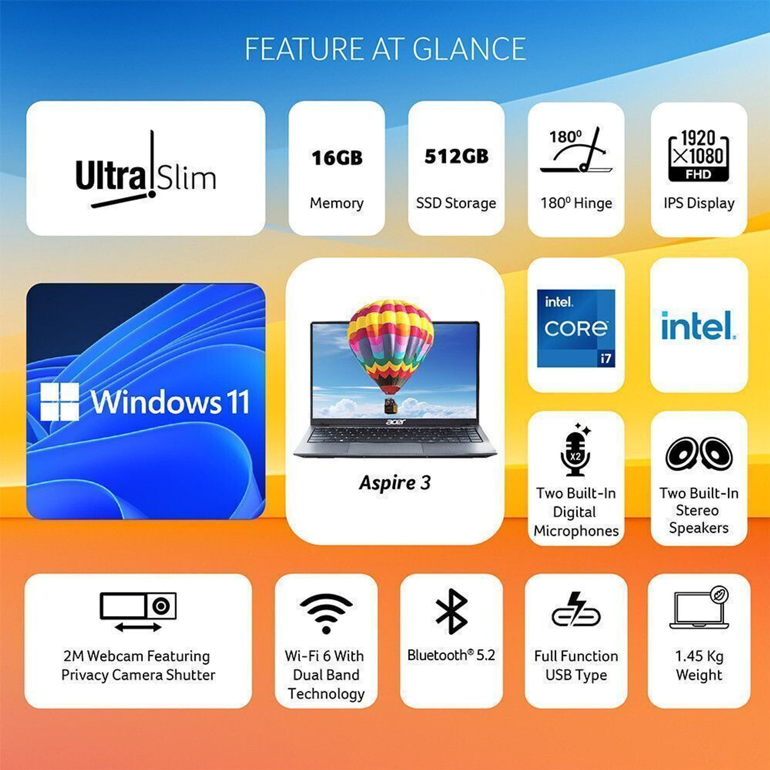 Image of Acer Aspire 3 Intel Core i7 12th Gen 1255U - (16 GB /512 GB SSD /Windows 11 Home) A324-51 Thin and Light Laptop