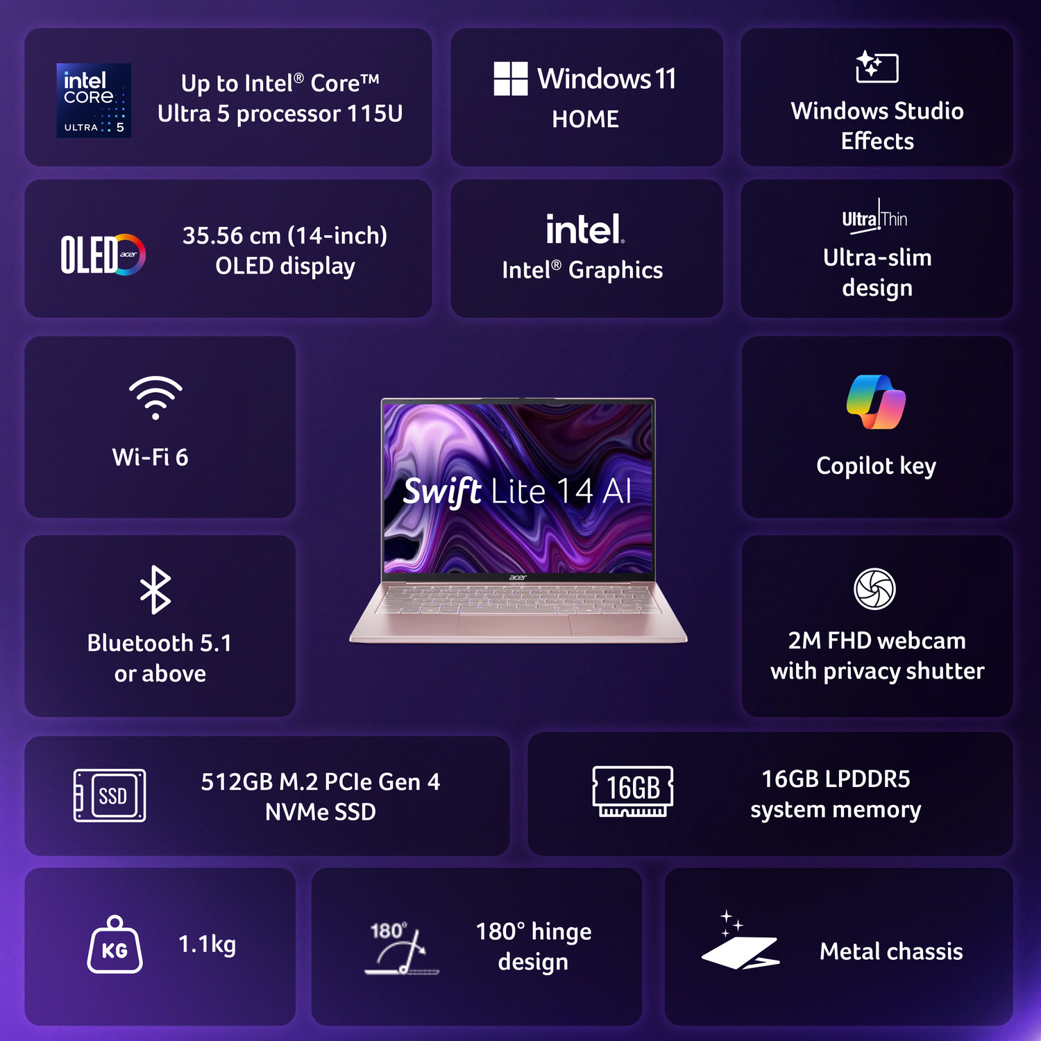 Image of Acer Swift Lite 14 Intel Core Ultra 5 115U - (16 GB /512 GB SSD /Windows 11 Home) SFL14-54M Thin and Light Laptop