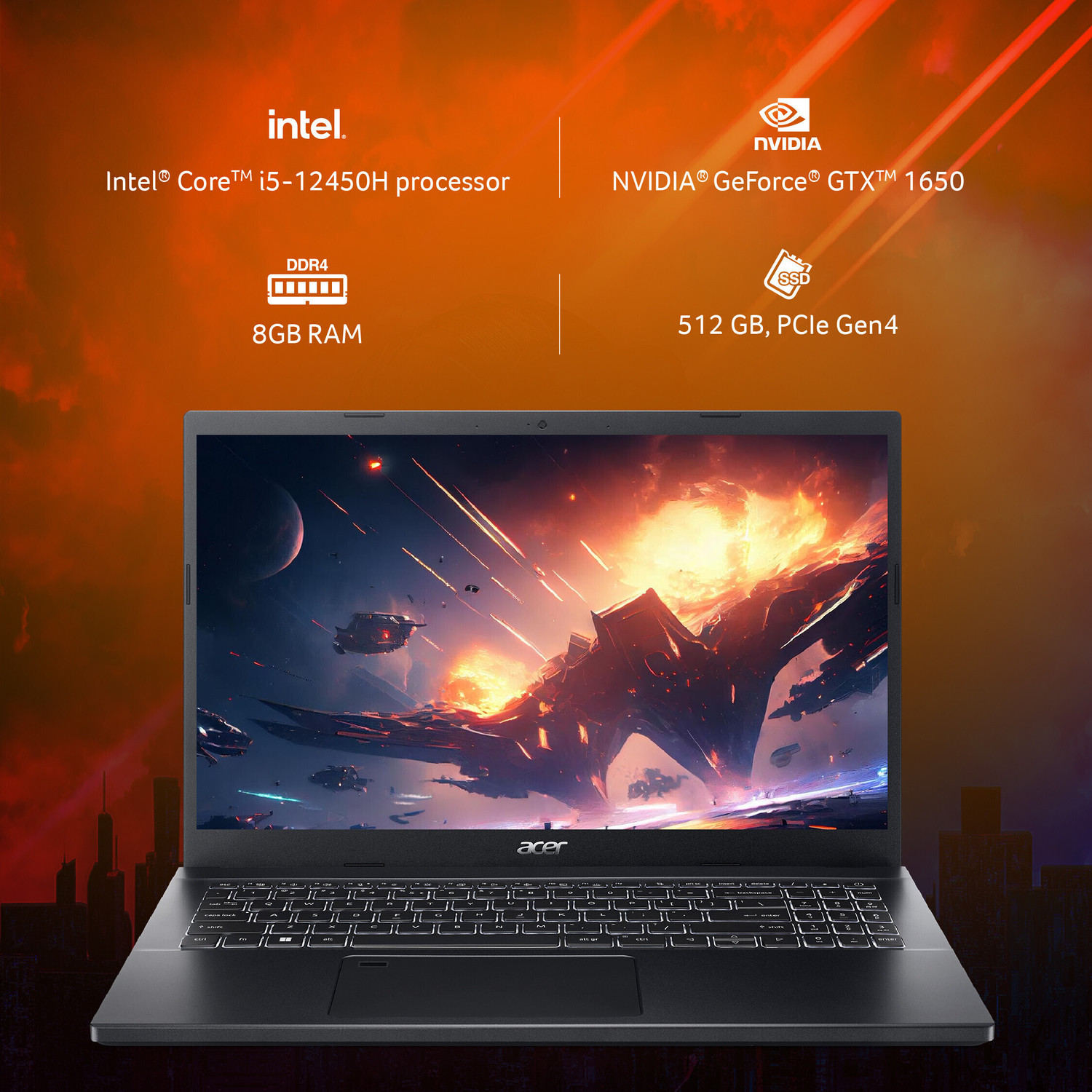 Image of Acer Aspire 7 Intel Core i5 12th Gen 12450H - (8 GB /512 GB SSD /Windows 11 Home /4 GB Graphics /NVIDIA GeForce GTX 1650 /144 Hz) A715-76G-59U9 Gaming Laptop