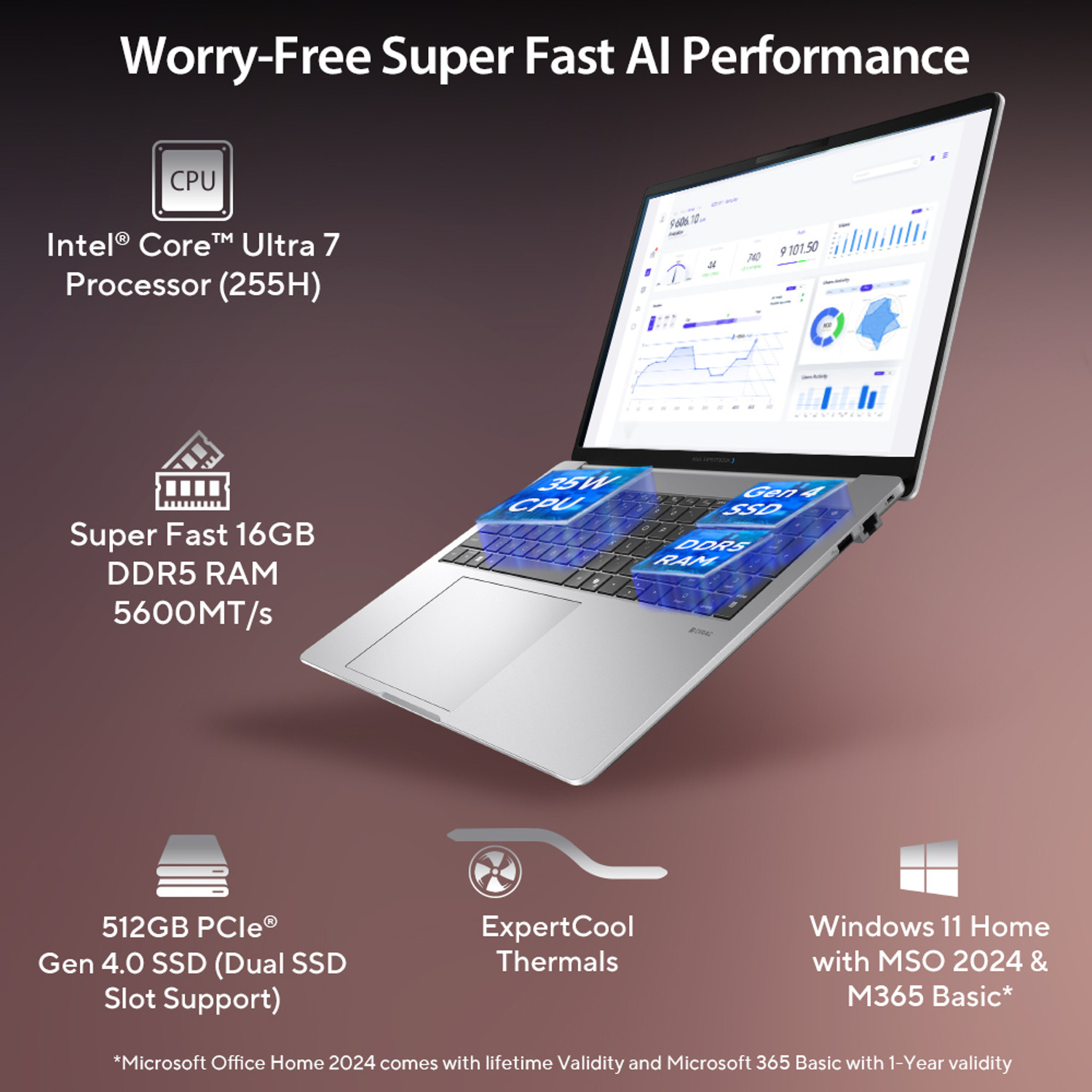 Image of ASUS ExpertBook P3 AI PC with 1 Yr ADP IR Cam Intel Core Ultra 7 225H - (16 GB /512 GB SSD /Windows 11 Home) P3606CCAP-MB0056WS Thin and Light Laptop