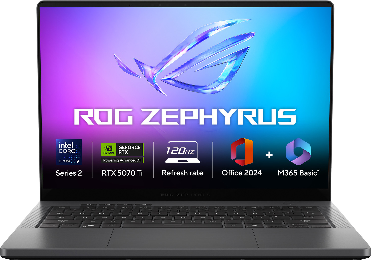 Image of ASUS ROG Zephyrus G14 (2025) with Office 2024 + M365 Basic* AMD Ryzen AI 9 12 Core HX 370 - (32 GB /2 TB SSD /Windows 11 Home /12 GB Graphics /NVIDIA GeForce RTX 5070 Ti /120 Hz /120 W) GA403WR-QS123WS Gaming Laptop