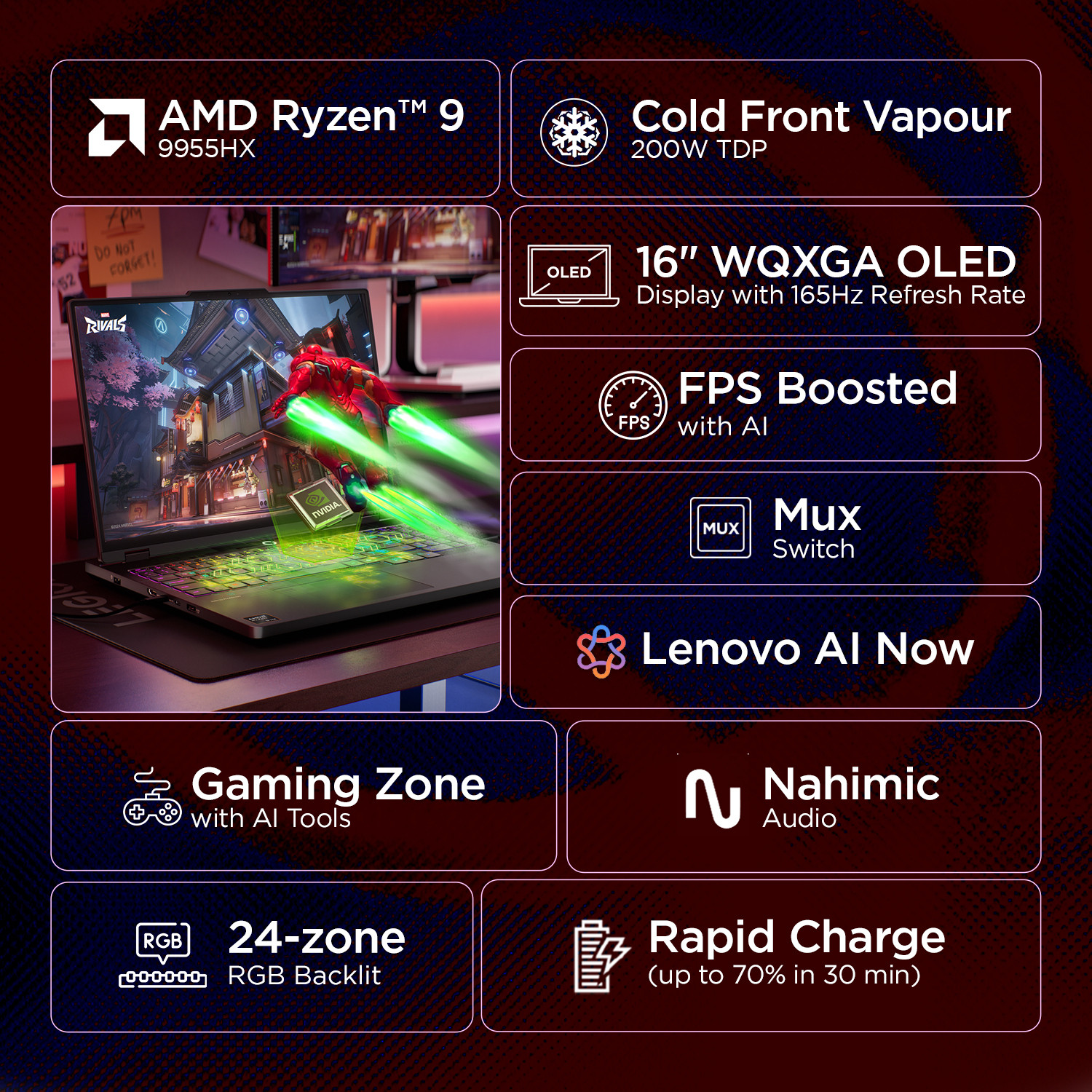 Image of Lenovo Legion Pro 5 WQXGA OLED AMD Ryzen 9 16 Core 9955HX - (32 GB /1 TB SSD /Windows 11 Home /8 GB Graphics /NVIDIA GeForce RTX 5060 /165 Hz) Legion Pro 5 16AFR10 Gaming Laptop