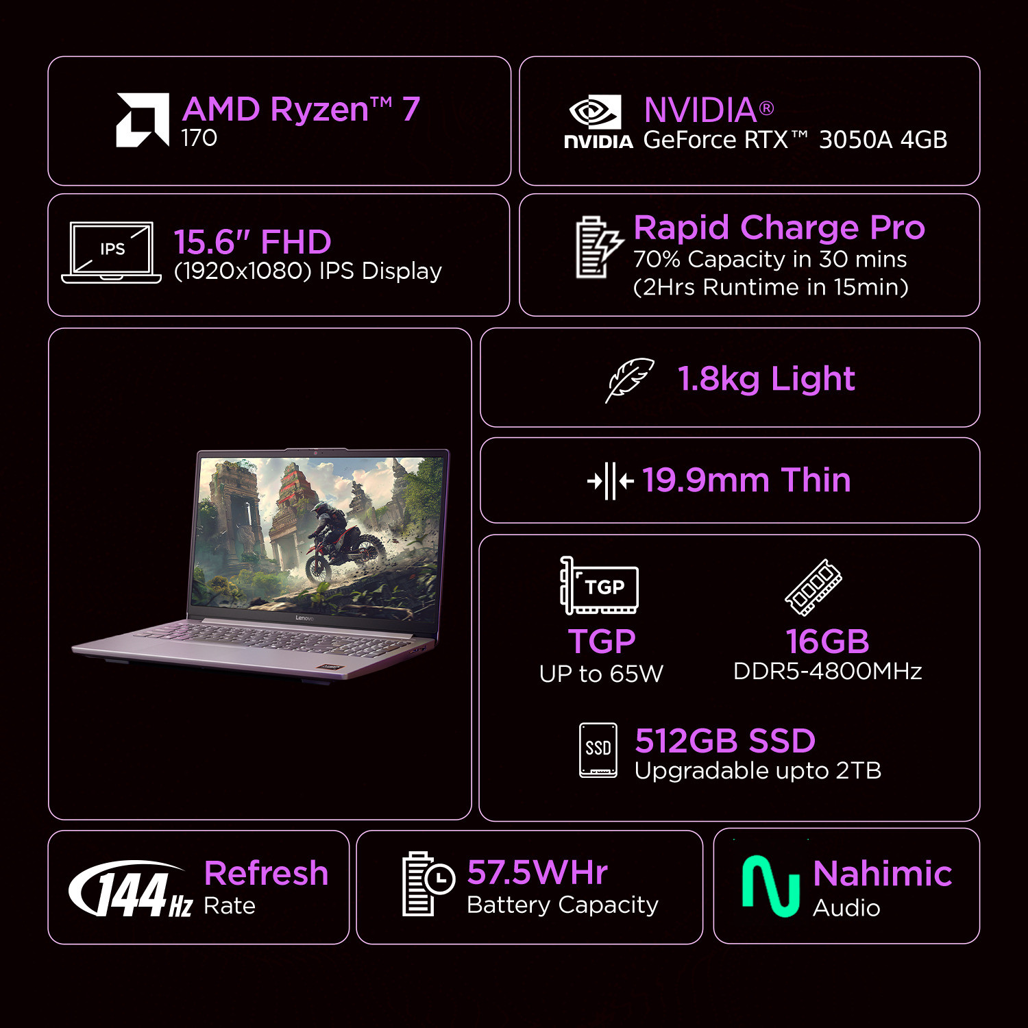 Image of Lenovo AMD Ryzen 7 Octa Core 170 - (16 GB /512 GB SSD /Windows 11 Home /4 GB Graphics /NVIDIA GeForce RTX 3050A) LOQ 15ARP10E Gaming Laptop