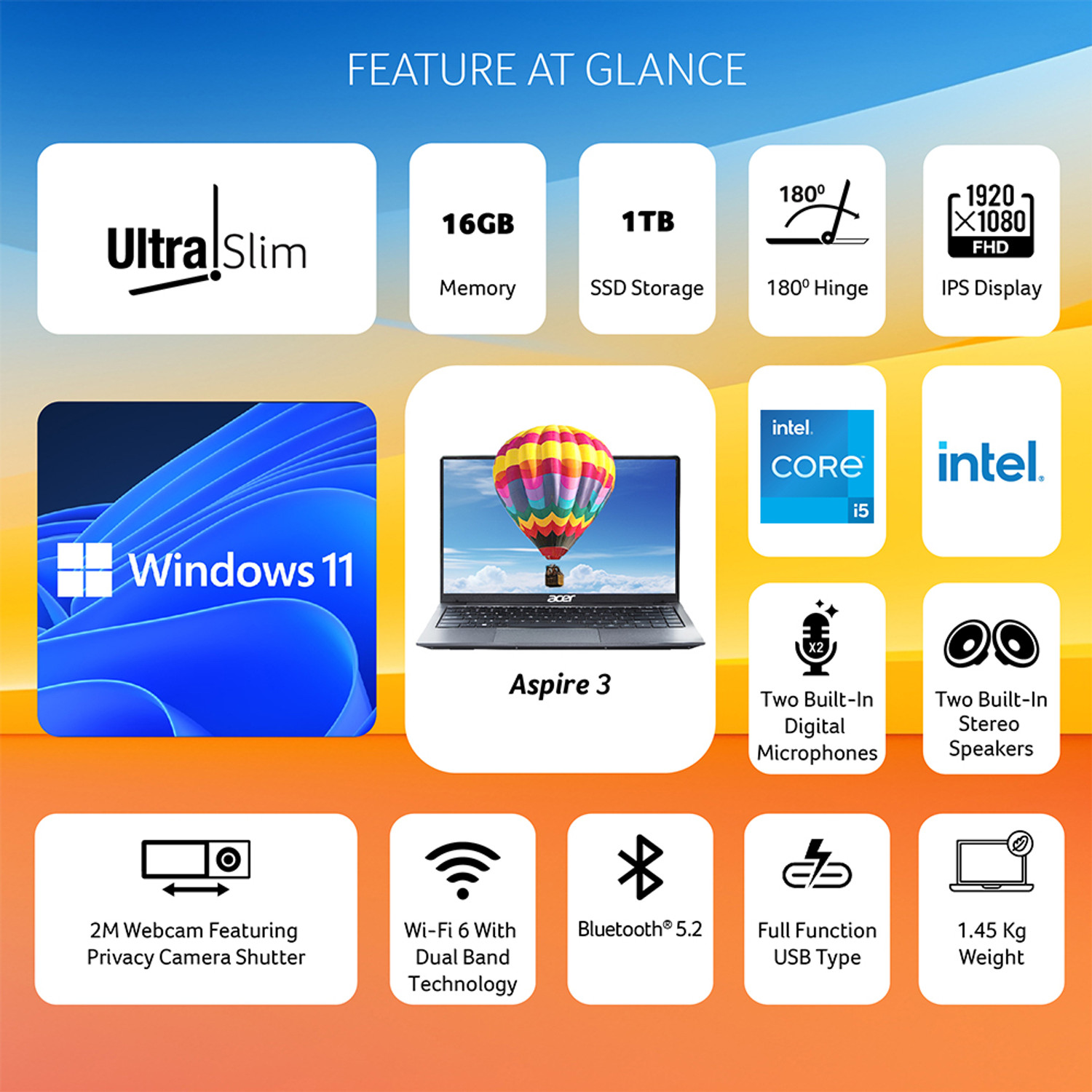 Image of Acer Aspire 3 with Backlit Keyboard, Intel Core i5 12th Gen 1235U - (16 GB /1 TB SSD /Windows 11 Home) A324-51 Thin and Light Laptop