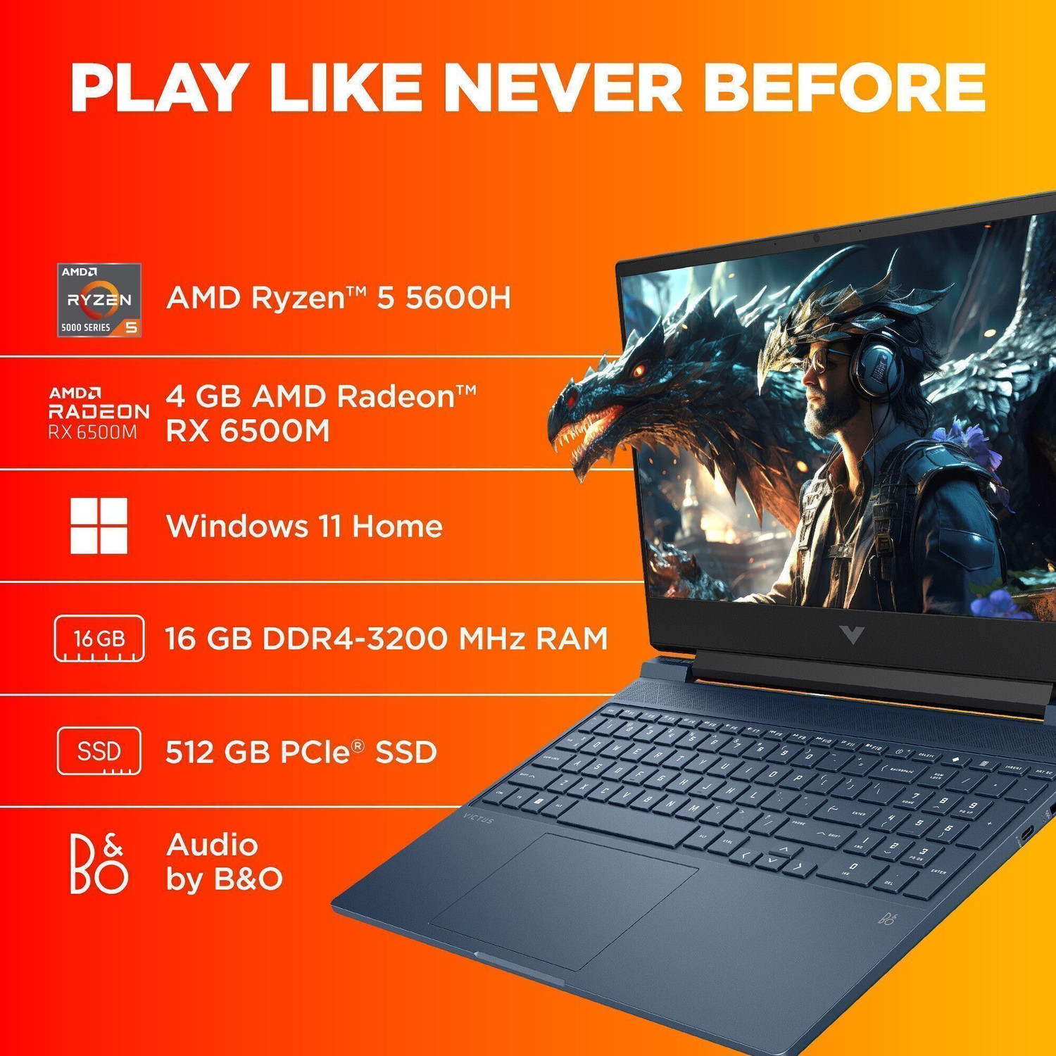 Image of HP Victus gaming AMD Ryzen 5 Hexa Core 5600H - (8 GB /512 GB SSD /Windows 11 Home /4 GB Graphics /AMD Radeon RX 6500M /60 Hz) 15-fb0147AX Gaming Laptop