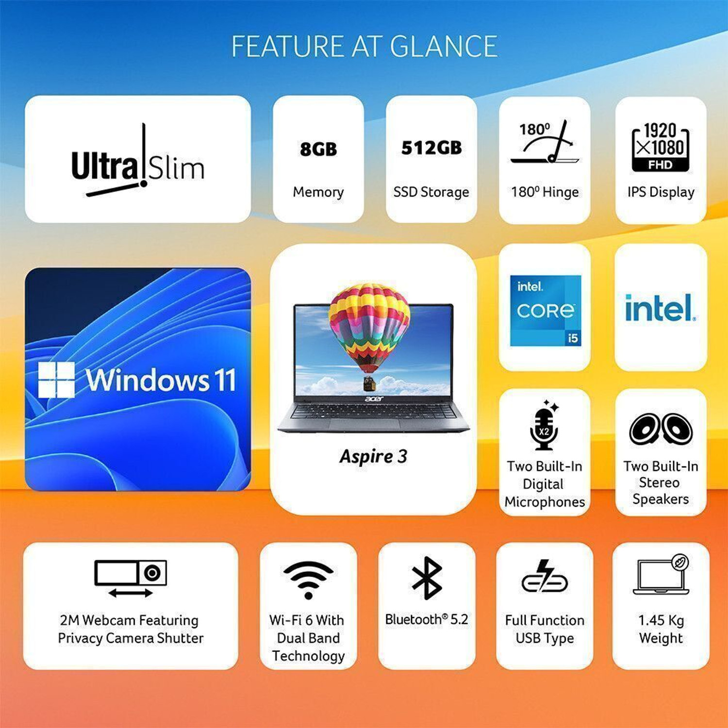 Image of Acer Aspire 3 Backlit Intel Core i5 12th Gen 1235U - (16 GB /512 GB SSD /Windows 11 Home) A324-51 Thin and Light Laptop