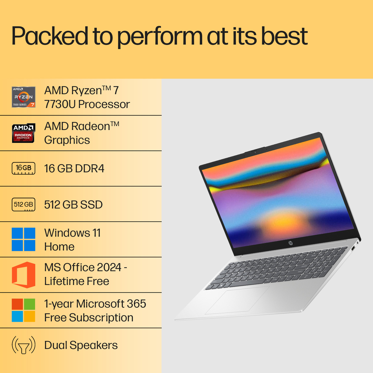 Image of HP 15 Laptop with Backlit Keyboard & MSO'2024, AMD Ryzen 7 Octa Core 7730U - (16 GB /512 GB SSD /Windows 11 Home) 15-fc0390AU Thin and Light Laptop